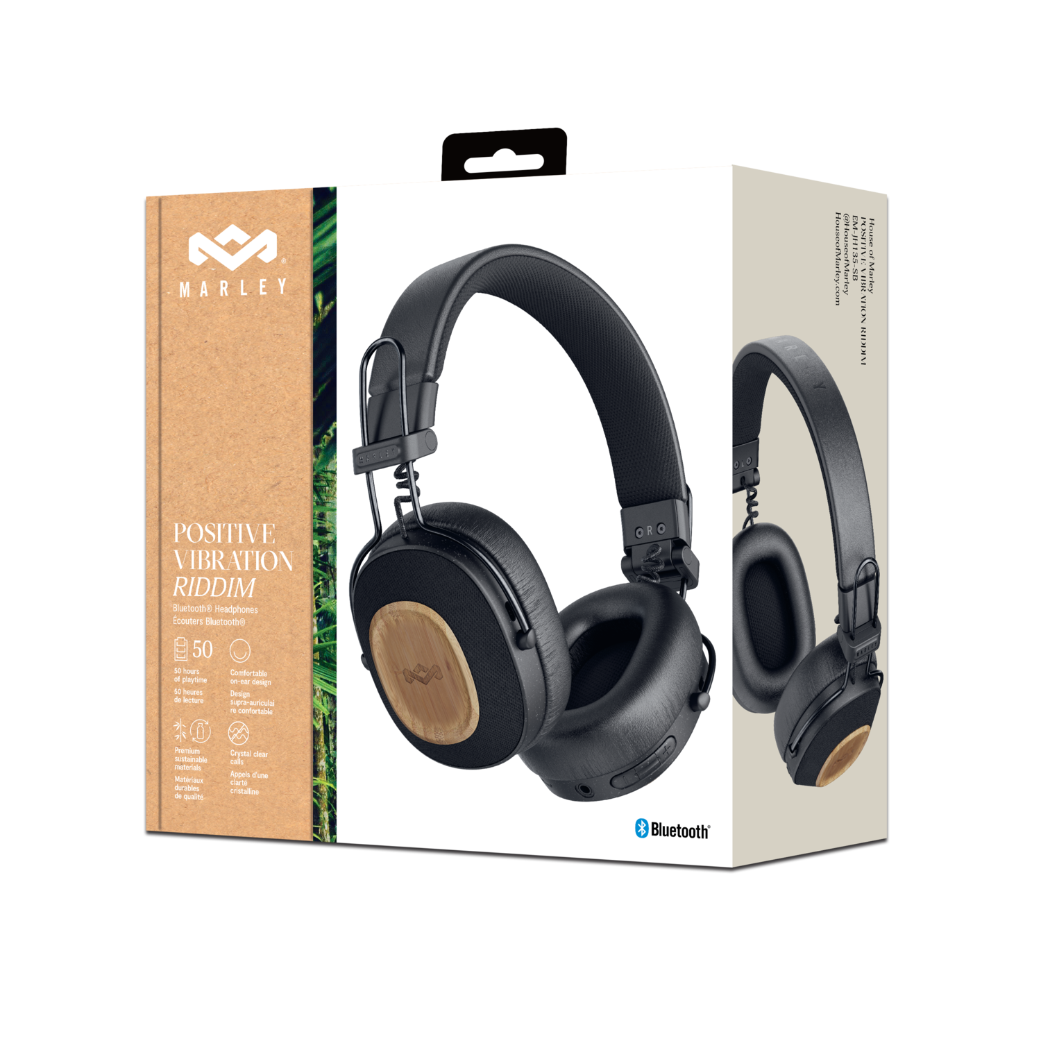 Headphone box with a black headphone and information about the product.