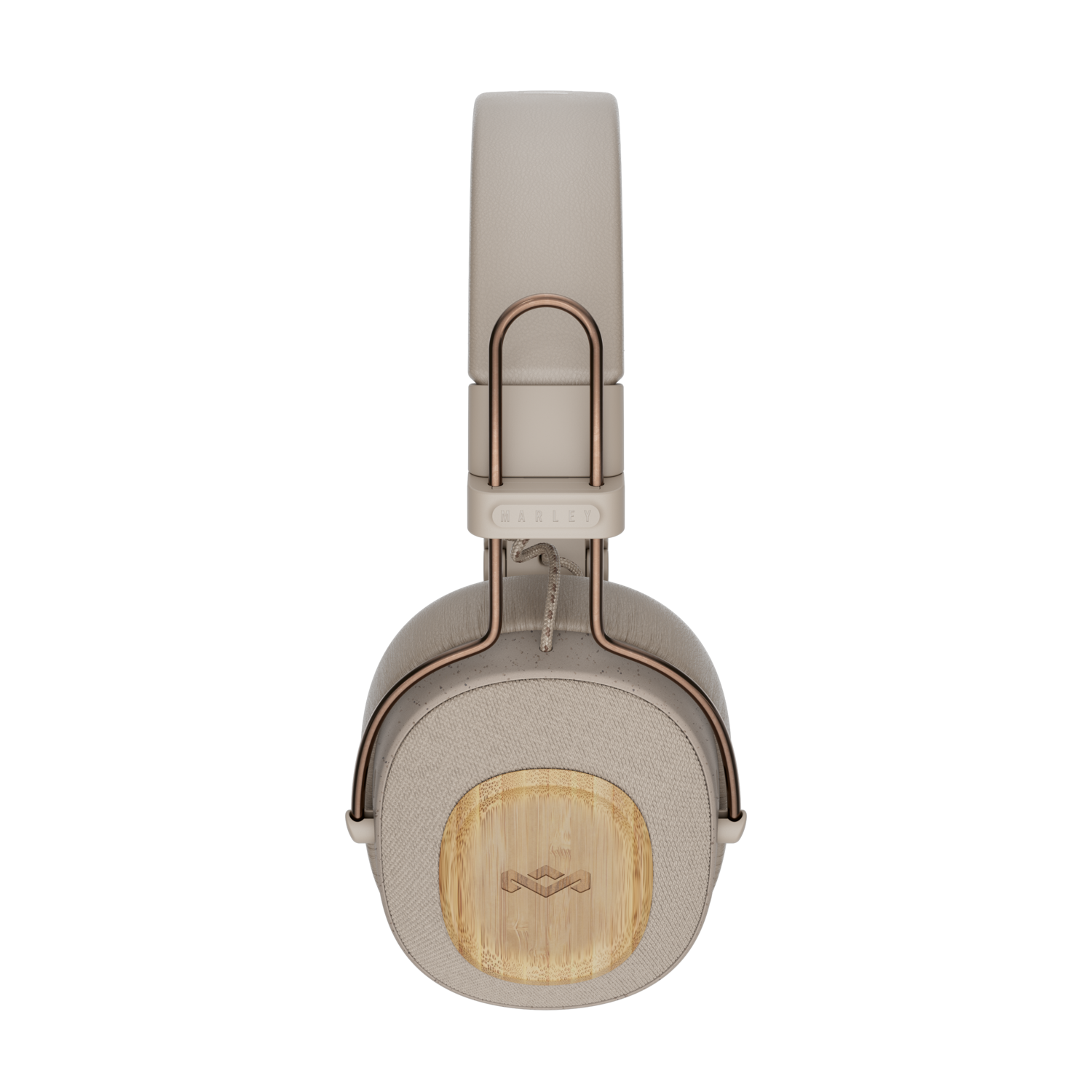 Over-ear koptelefoon met crèmekleurige oorschelpen en een goudkleurige hoofdband.