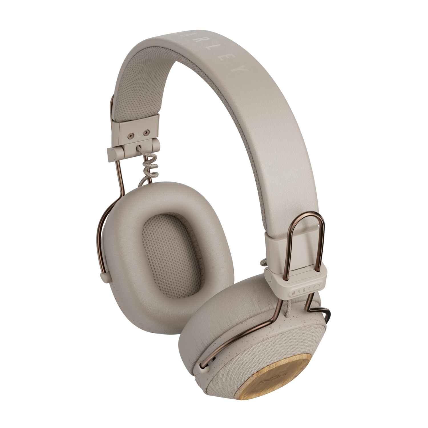 Crèmekleurige Marley-hoofdtelefoon met gouden accenten, met oorschelpen en hoofdband.