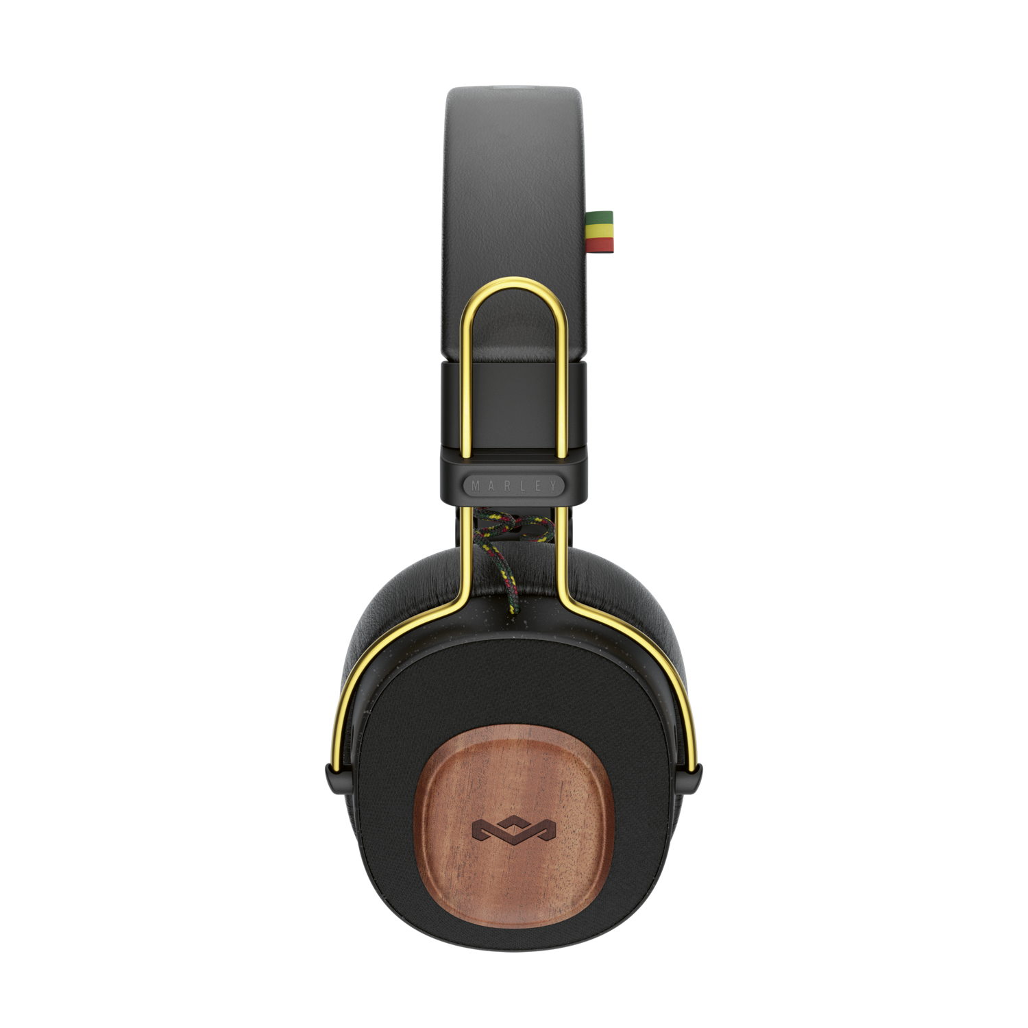 Zwarte Marley-hoofdtelefoon met gouden accenten. Oorschelp met houtnerf met logo, zwarte hoofdband met groene, gele en rode strepen.