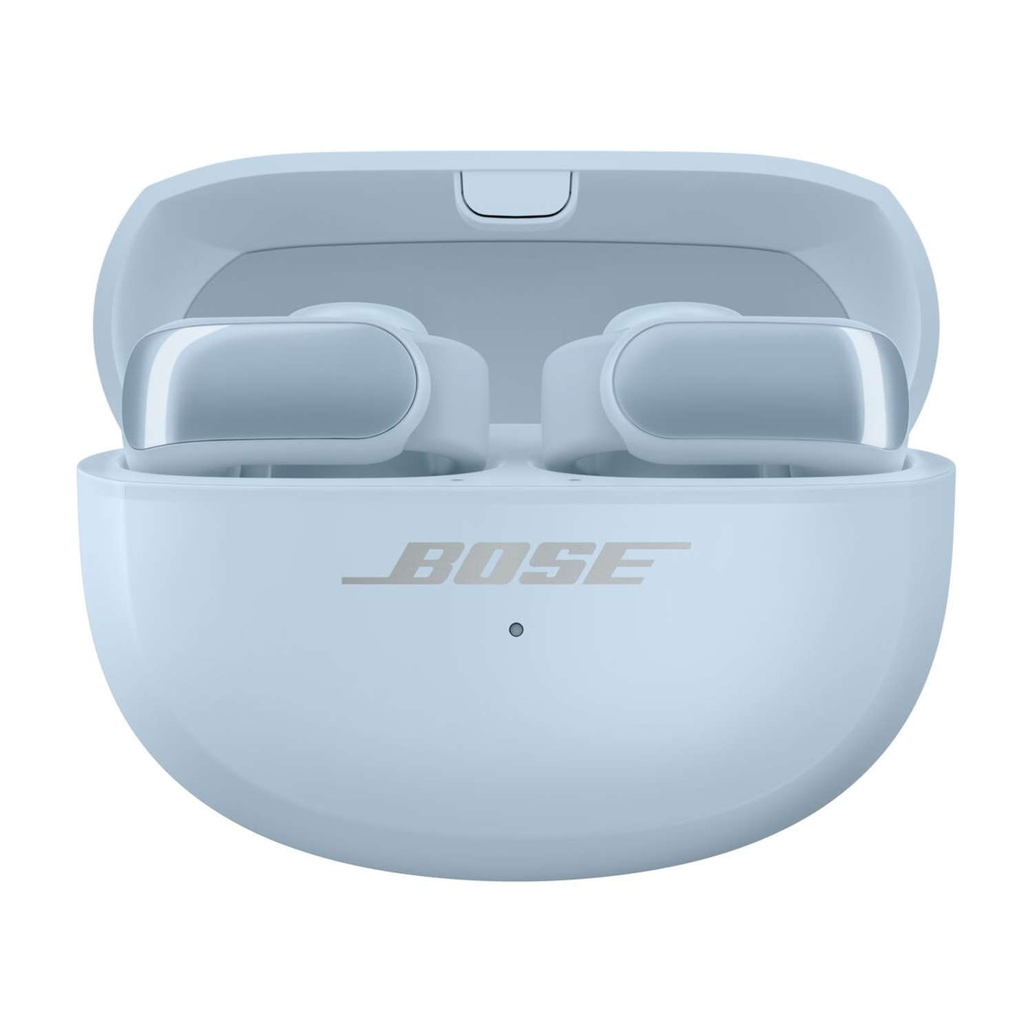 Una custodia per auricolari blu chiaro aperta, che rivela gli auricolari, con il marchio 'BOSE'.