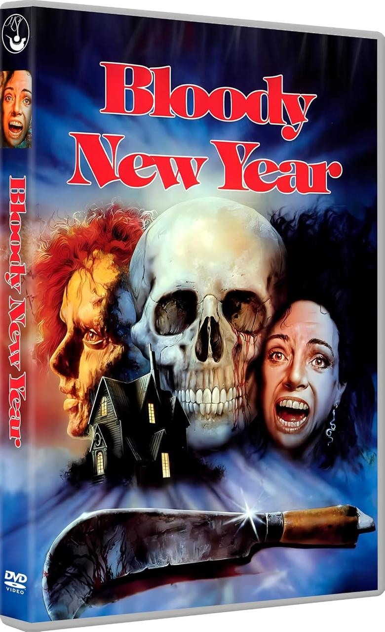 DVD-Cover für 'Bloody New Year' mit Totenkopf und schreienden Gesichtern.  Ein Messer ist unten.
