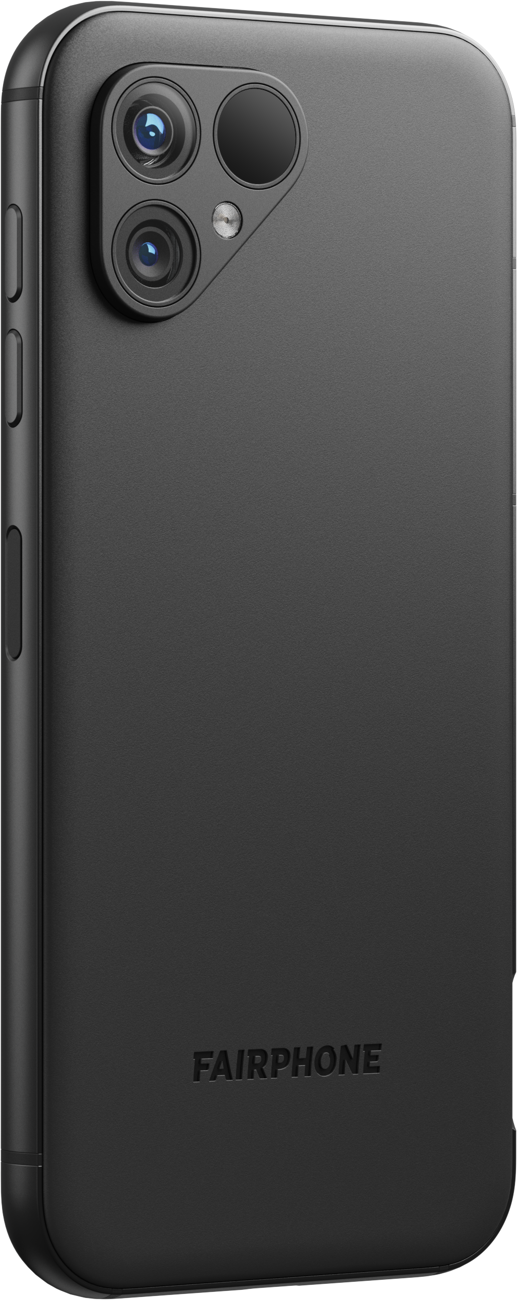 Schwarzes Smartphone mit drei Kameras auf der Rückseite. Das Telefon hat das Fairphone-Logo.