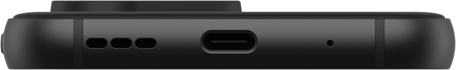 Nahaufnahme der Unterseite eines schwarzen Telefons. USB-C-Anschluss und Löcher sind sichtbar.