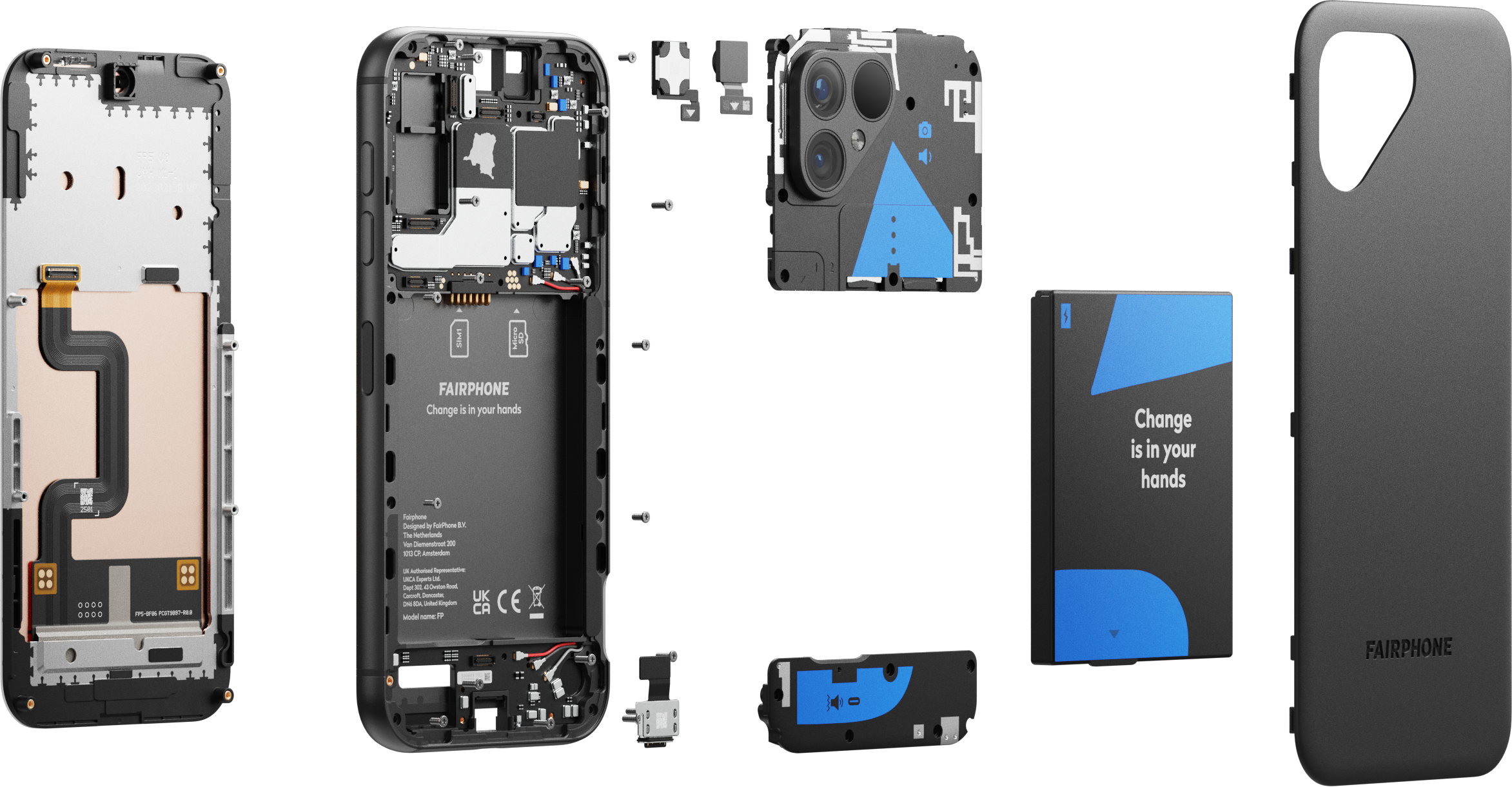 Explosionszeichnung eines Smartphones, die Komponenten und Teile zeigt.