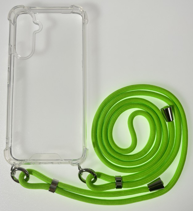 CASE AND PRO Samsung A35 5G TPU+PC átlátszó tok, zsinórral, akasztóval, neon zöld (FEST-SAM-A35-NE)