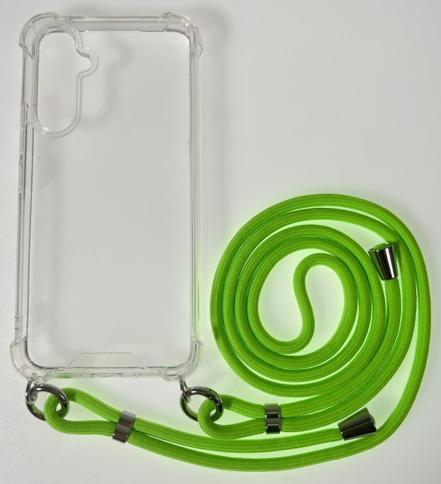 CASE AND PRO Samsung S24 Plus TPU+PC átlátszó tok, zsinórral, akasztóval, neon zöld (FEST-SAM-S24P-NE)