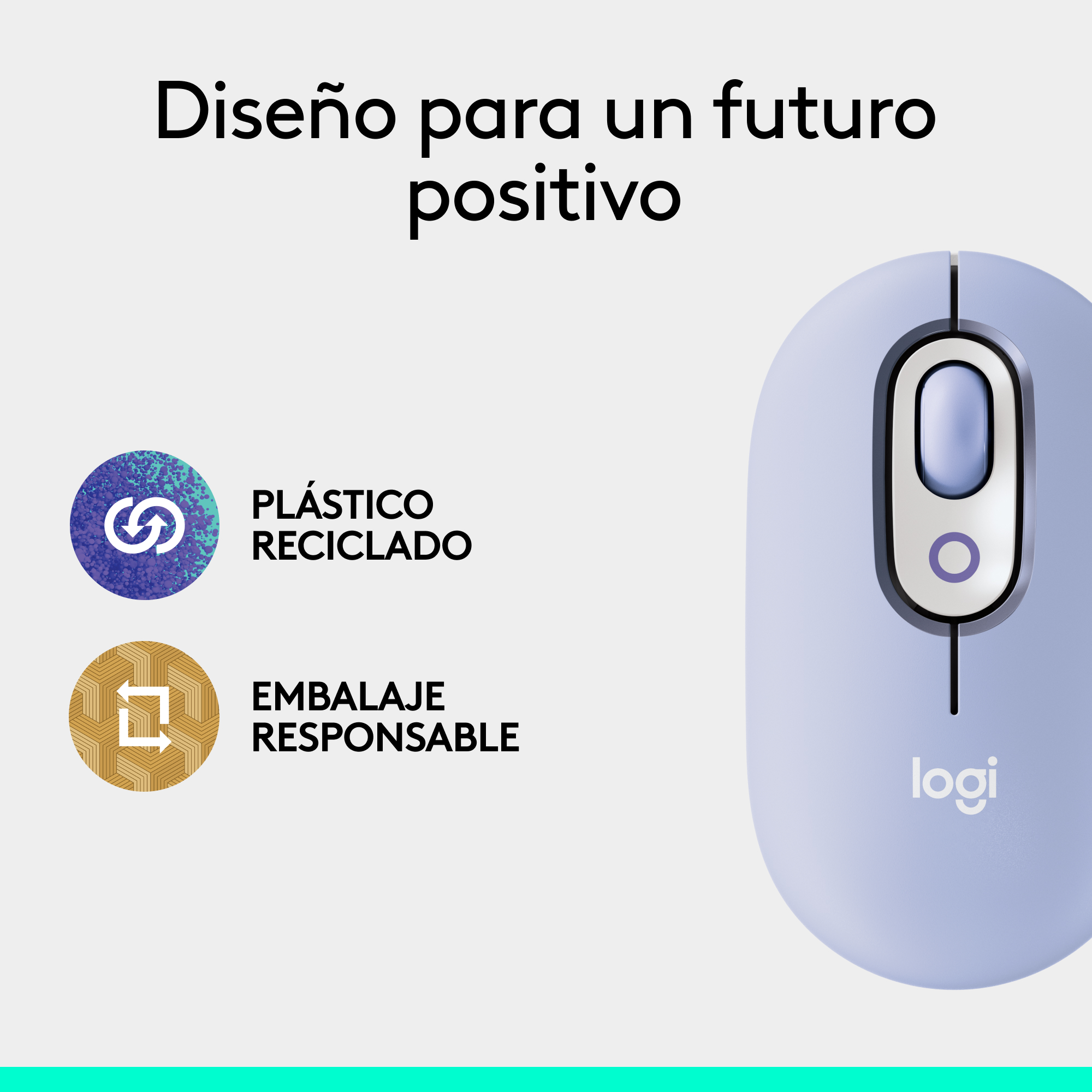 Un ratón morado con iconos de reciclaje y embalaje responsable, y el logo Logitech.
