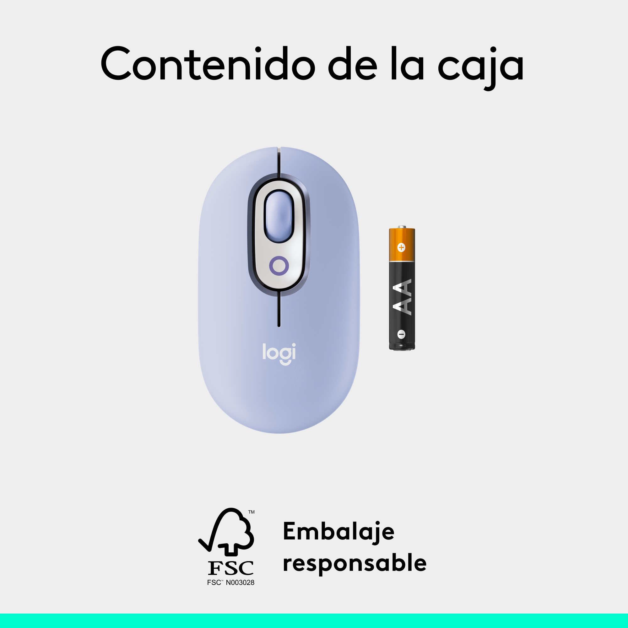 Un ratón inalámbrico lila claro y una pila AA presentados sobre una superficie azul claro.