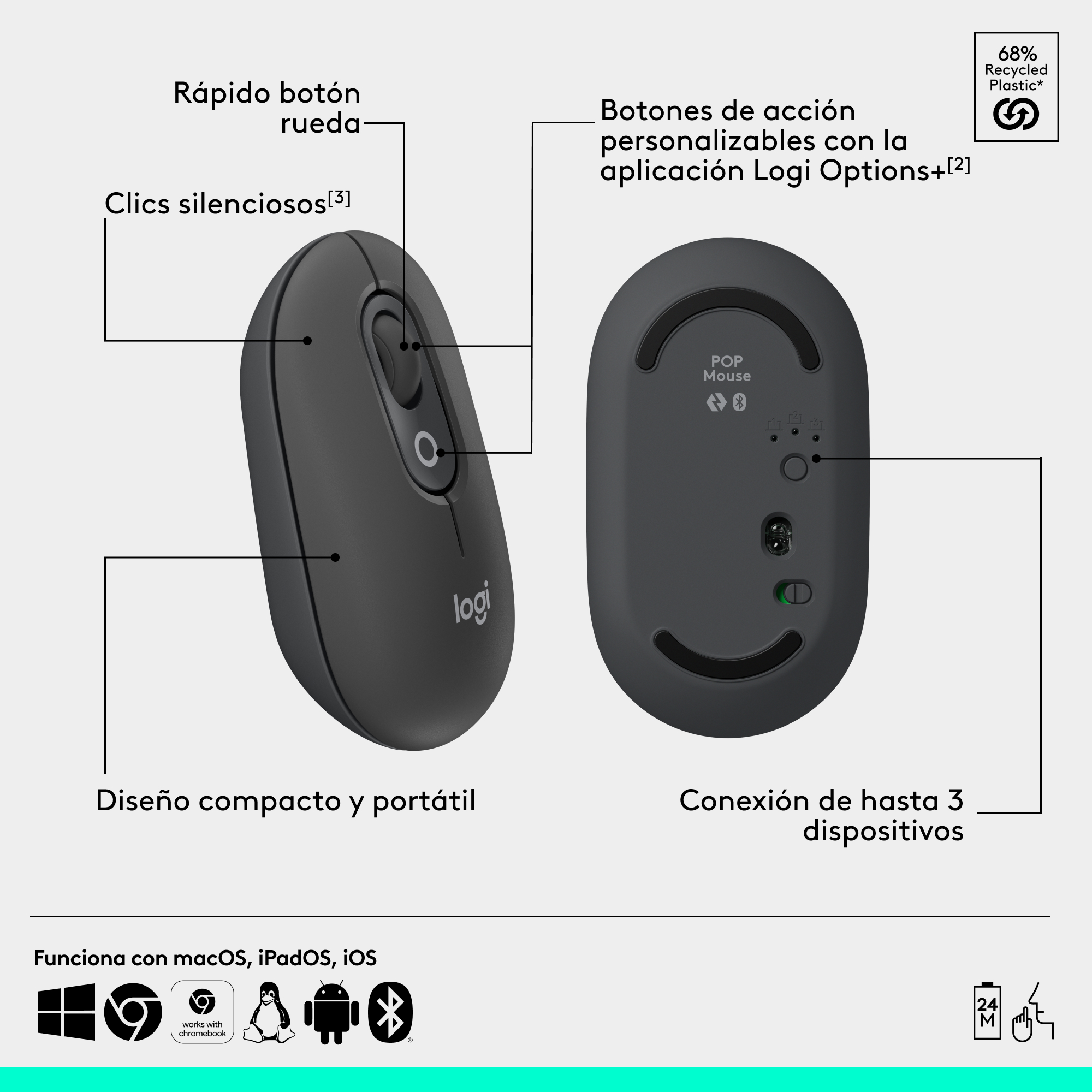 Dos vistas de un ratón Logitech POP negro, mostrando botones y detalles inferiores.