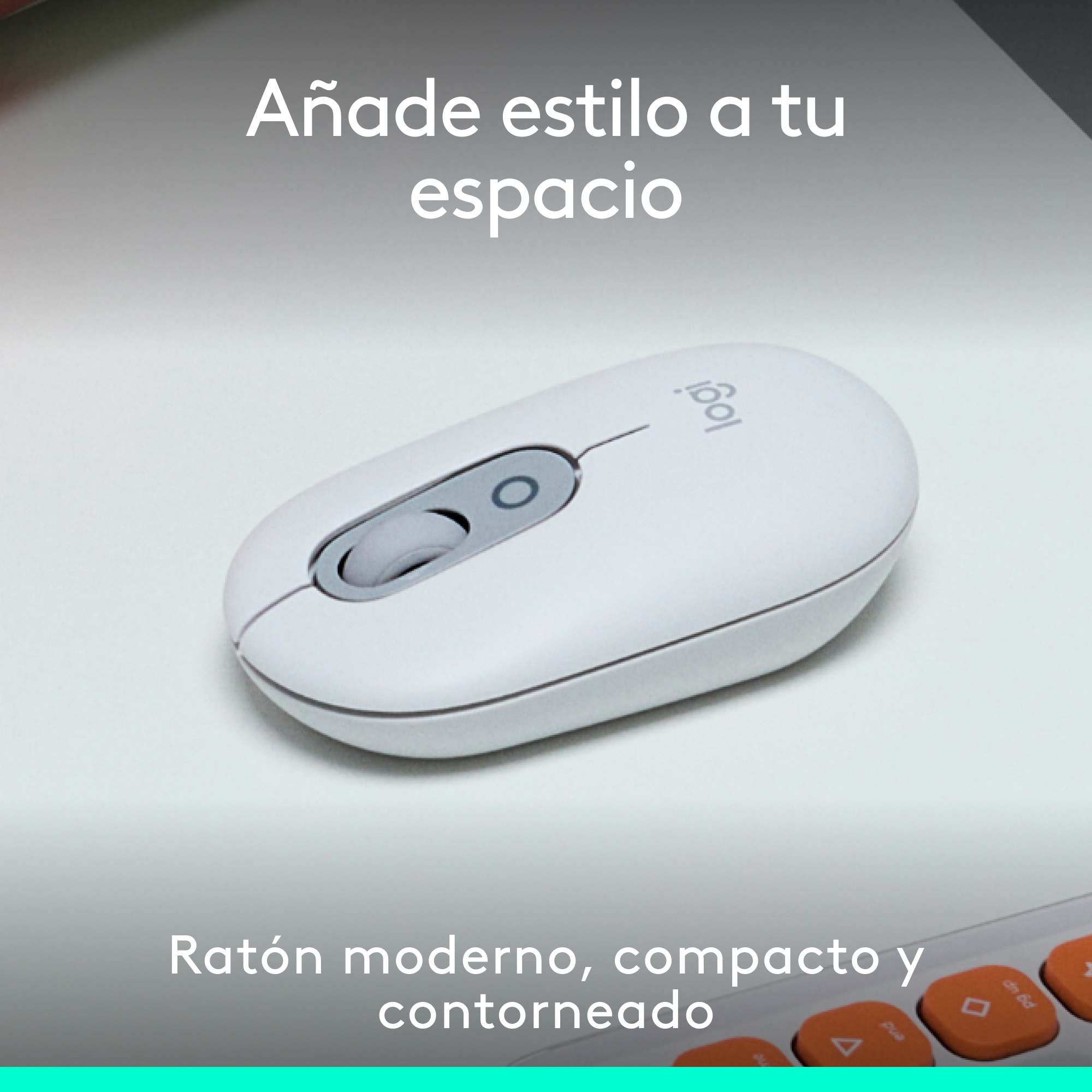 Ratón blanco sobre una superficie blanca con texto en español. Rueda de desplazamiento gris.