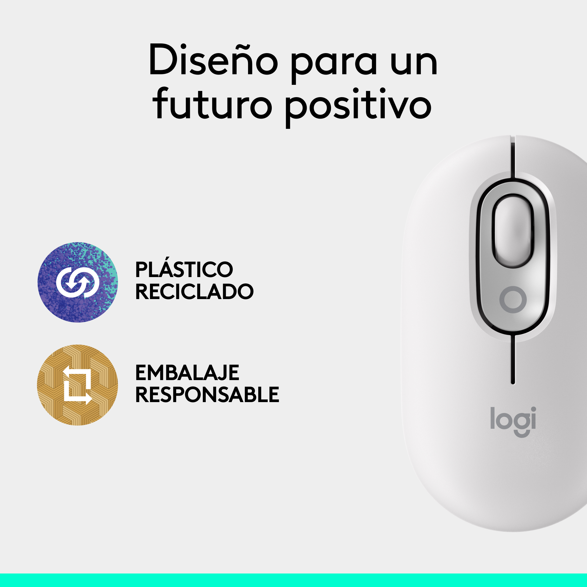 Ratón Logitech blanco. Texto: "Diseño para un futuro positivo". Símbolos: plástico reciclado y embalaje responsable.