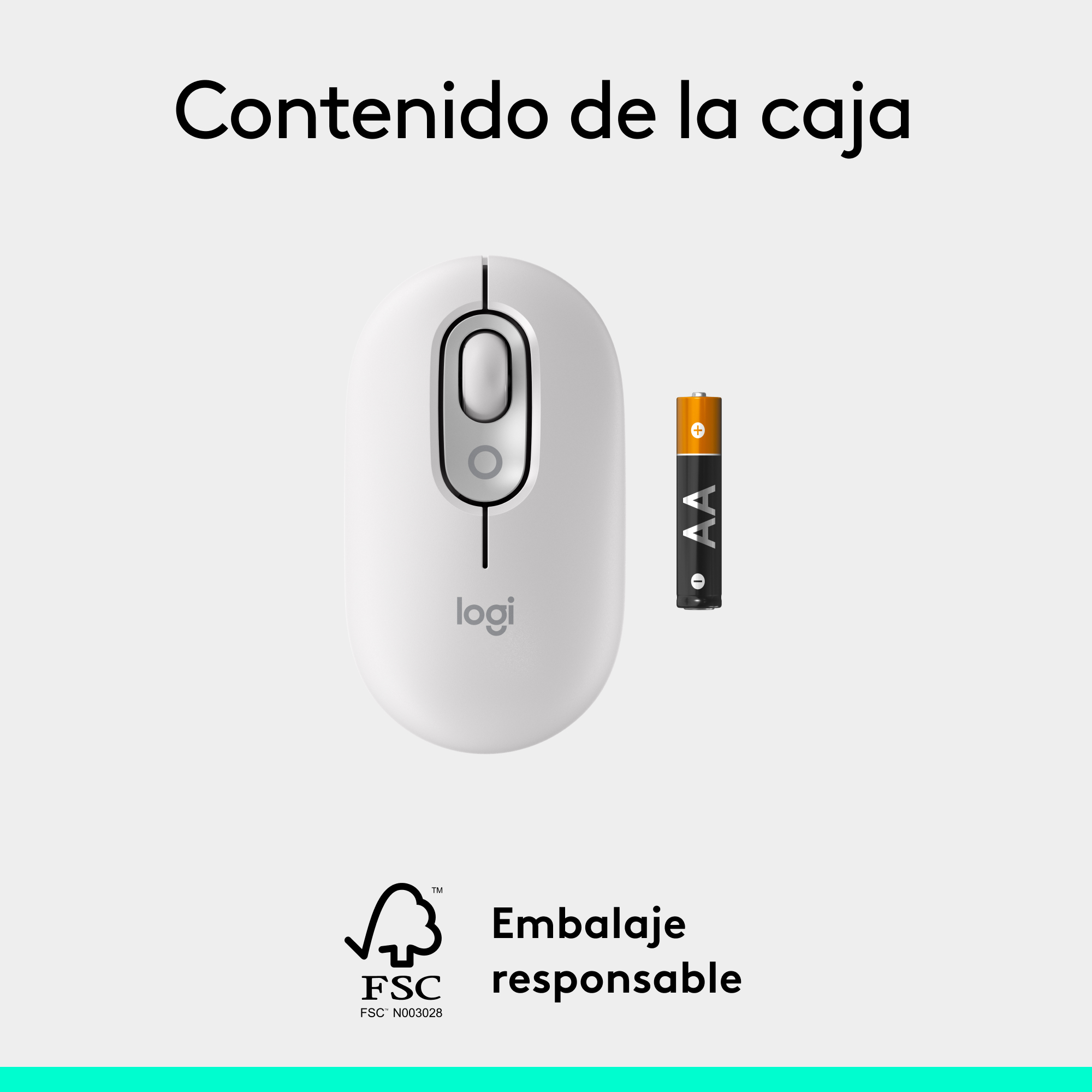 Ratón de ordenador blanco, batería y texto. Describe el contenido del paquete.