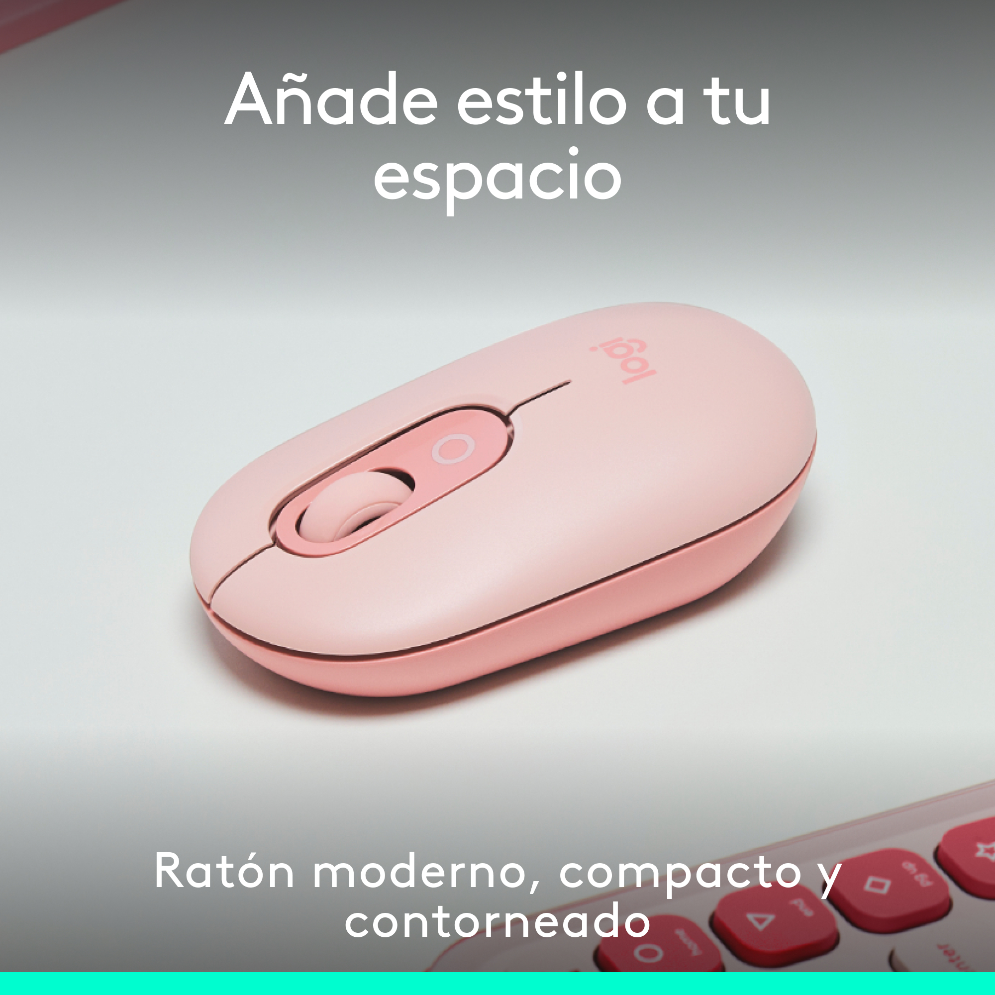 Ratón Logitech rosa, con un anillo rosa alrededor de la rueda, sobre una superficie clara.