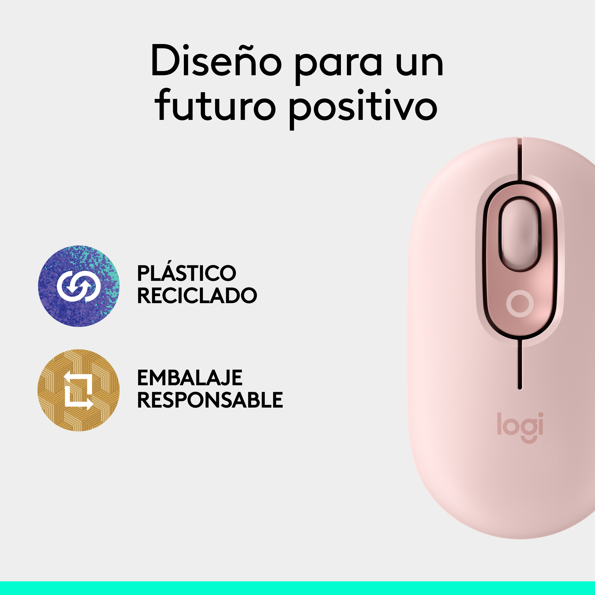 Un ratón Logi rosa con texto, un símbolo de reciclaje y la frase 'Diseño para un futuro positivo'.