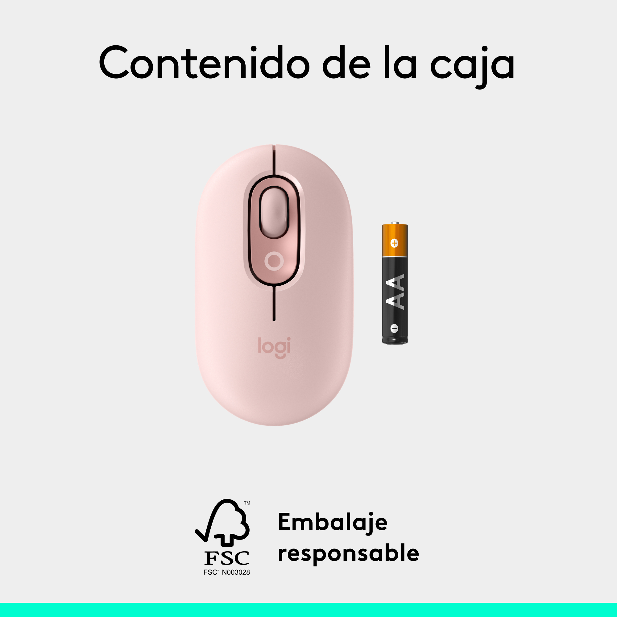 Ratón rosa con batería y texto 'Contenido de la caja', sobre fondo claro cuadrado.