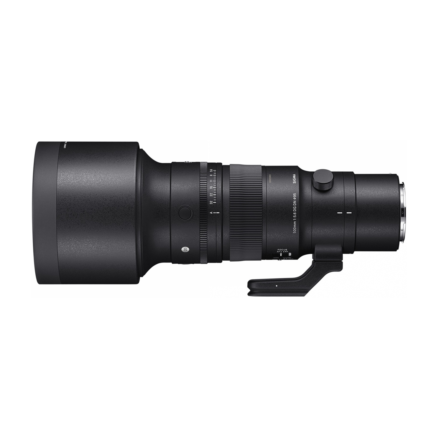 Obiettivo della fotocamera nero. Obiettivo lungo con testo bianco. Sfondo bianco.