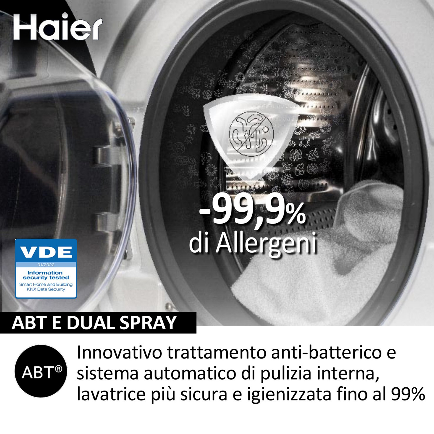 Interno di lavatrice con simbolo a scudo e testo '-99,9% di Allergeni'.