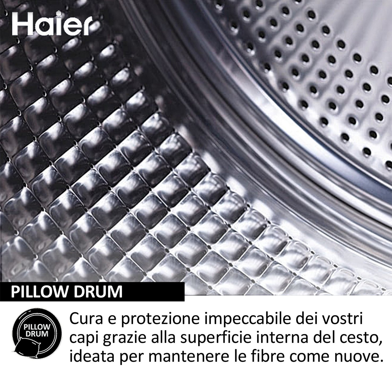 Primo piano del cestello di una lavatrice con descrizione del cestello a cuscino.