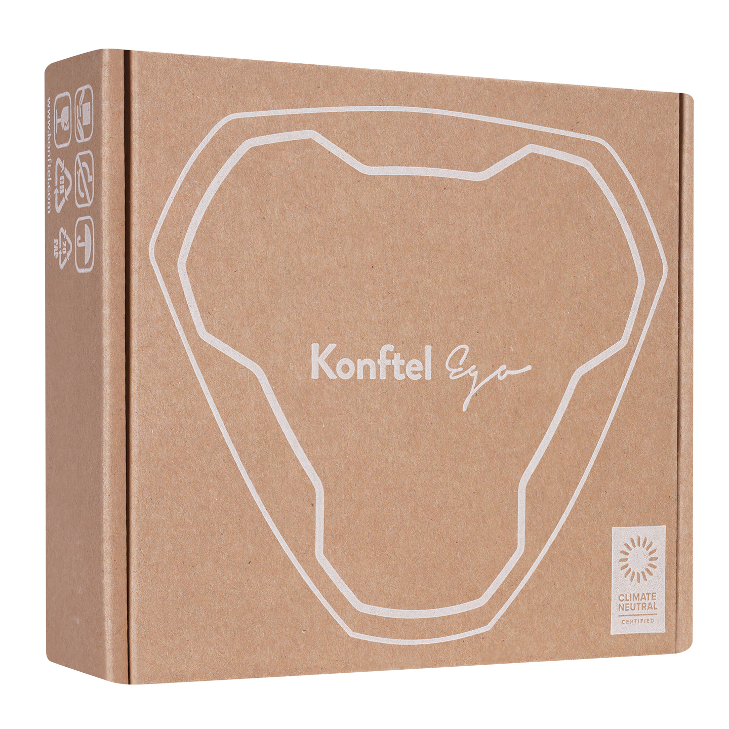 Beyaz geometrik tasarımlı ve 'Konftel Ego' markalı karton kutu. İklim nötr logosu.
