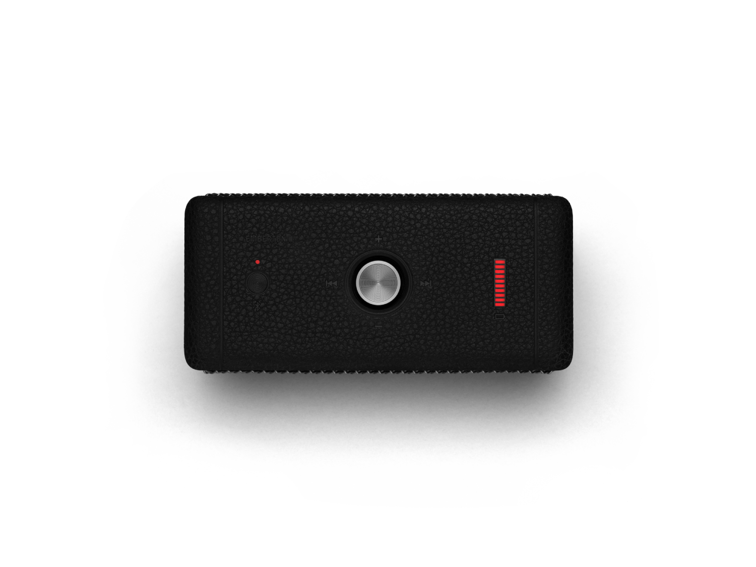 Altavoz Marshall negro sobre fondo negro. Hay una luz roja a la izquierda.