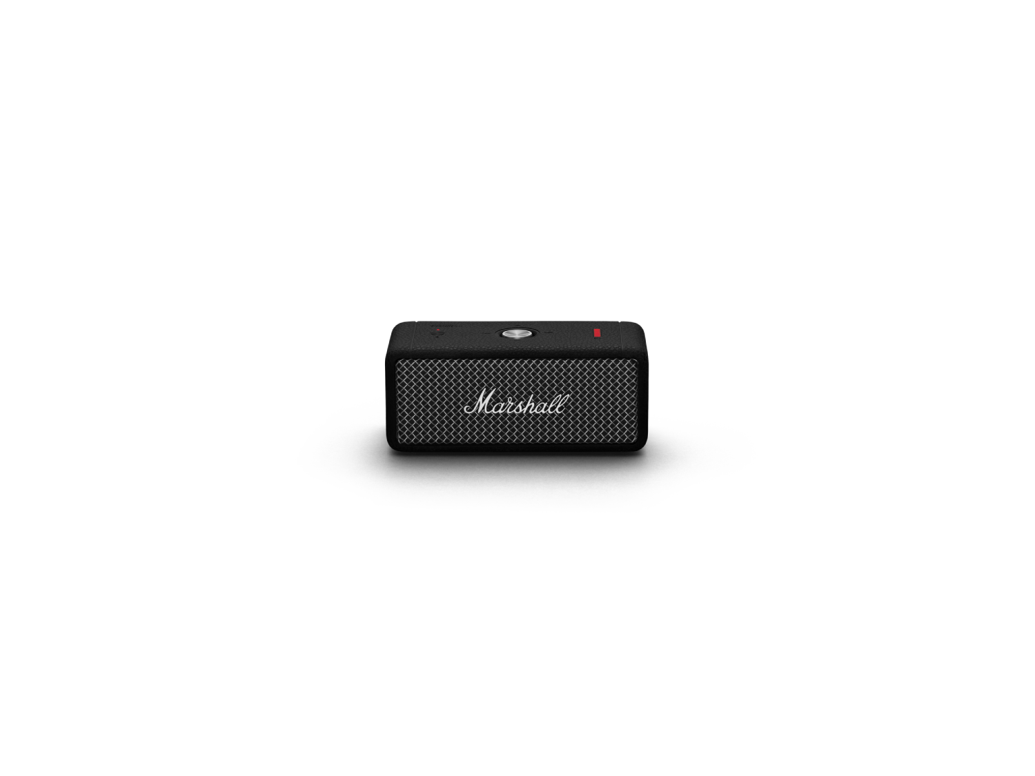 Altavoz Marshall negro con frente de malla. Tiene forma rectangular y el logotipo de Marshall.