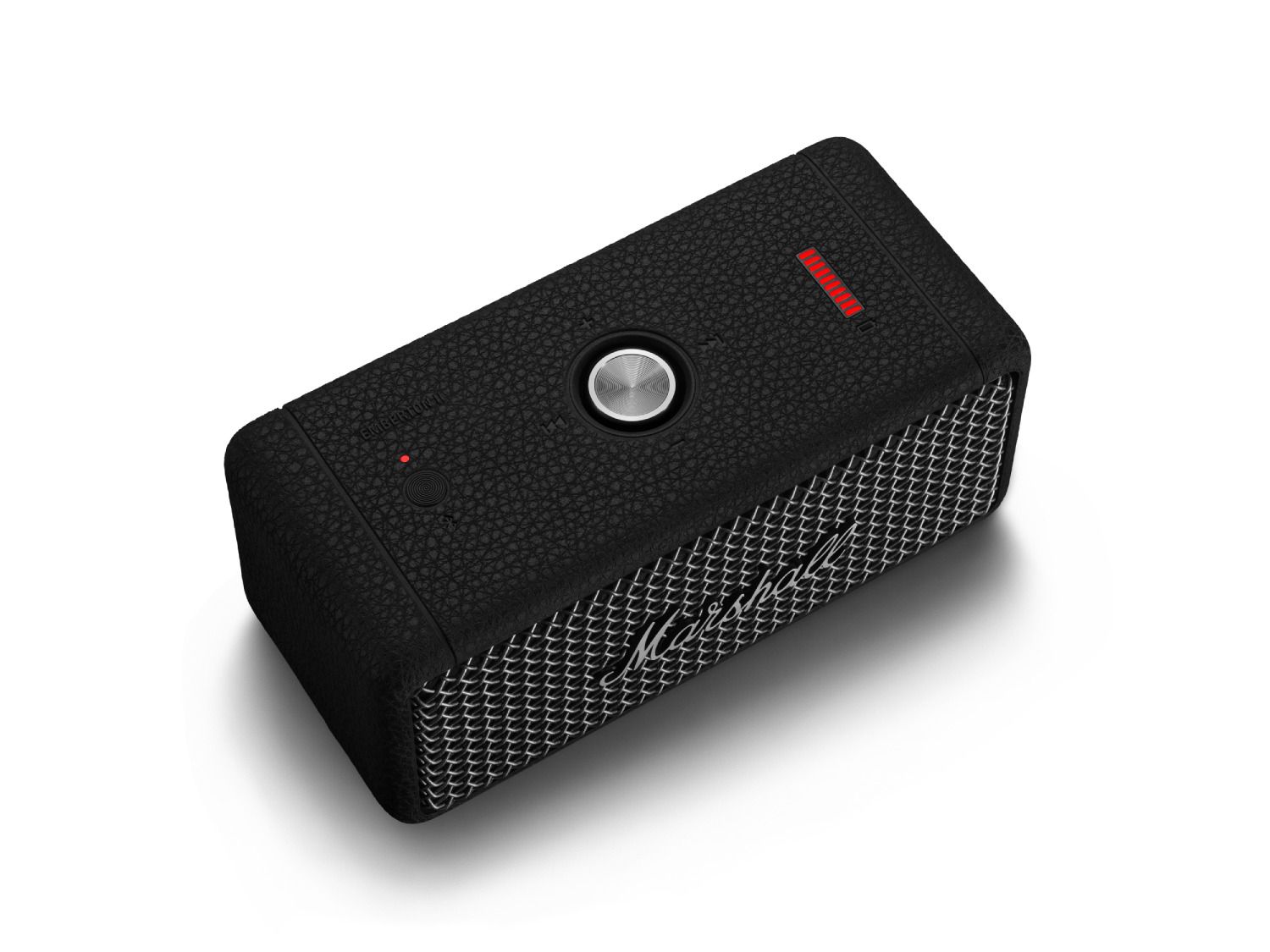 Altavoz Bluetooth Marshall negro. Tiene una perilla de control plateada y una parte frontal de malla.