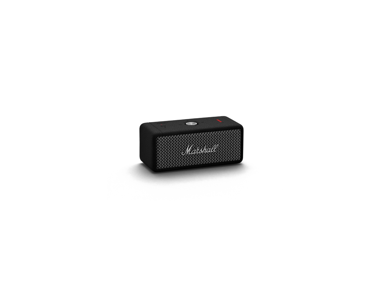 Altavoz Marshall negro sobre fondo negro. El altavoz tiene una rejilla frontal y el logo blanco.