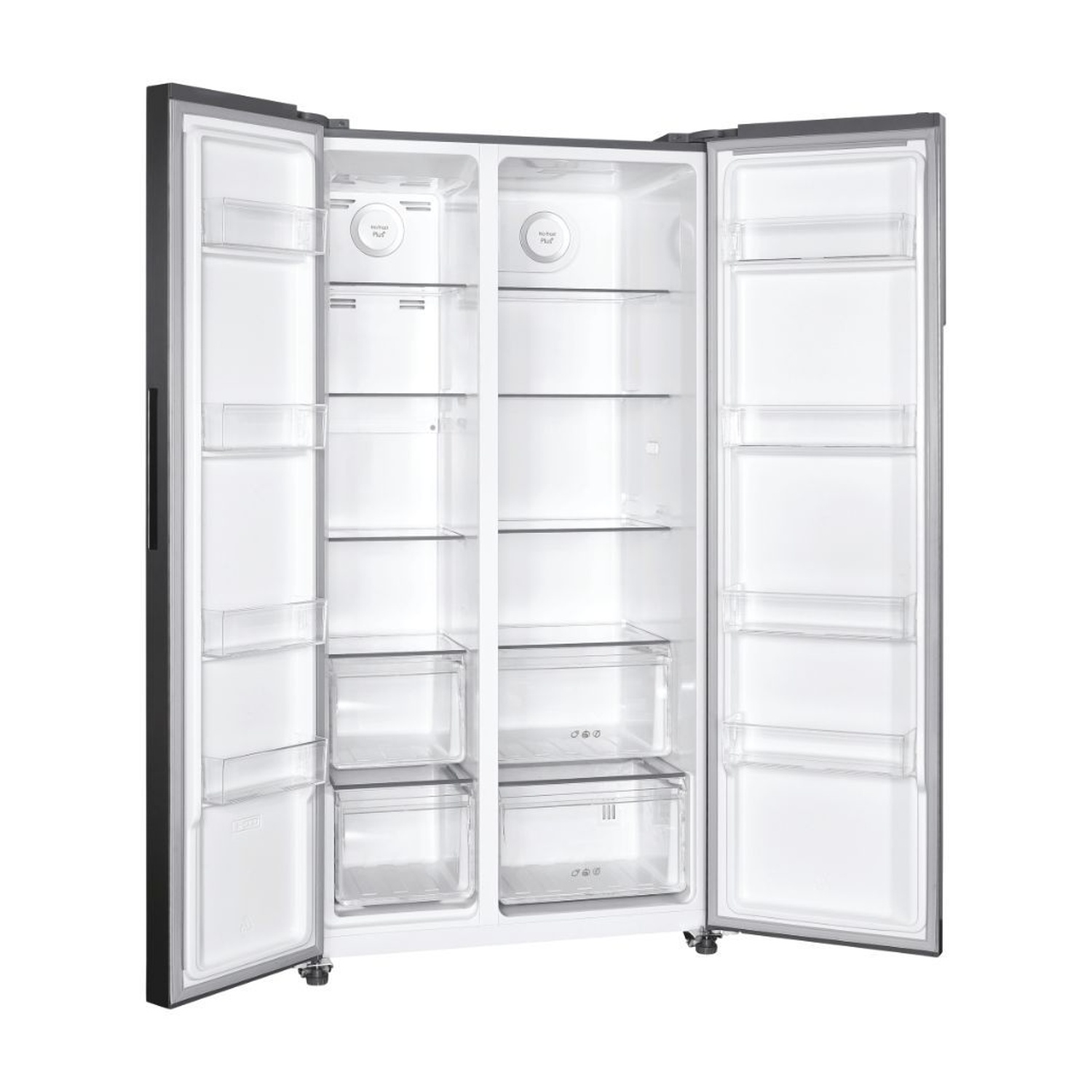 Frigorifero aperto e vuoto con ripiani, cassetti e contenitori trasparenti. Interno bianco.