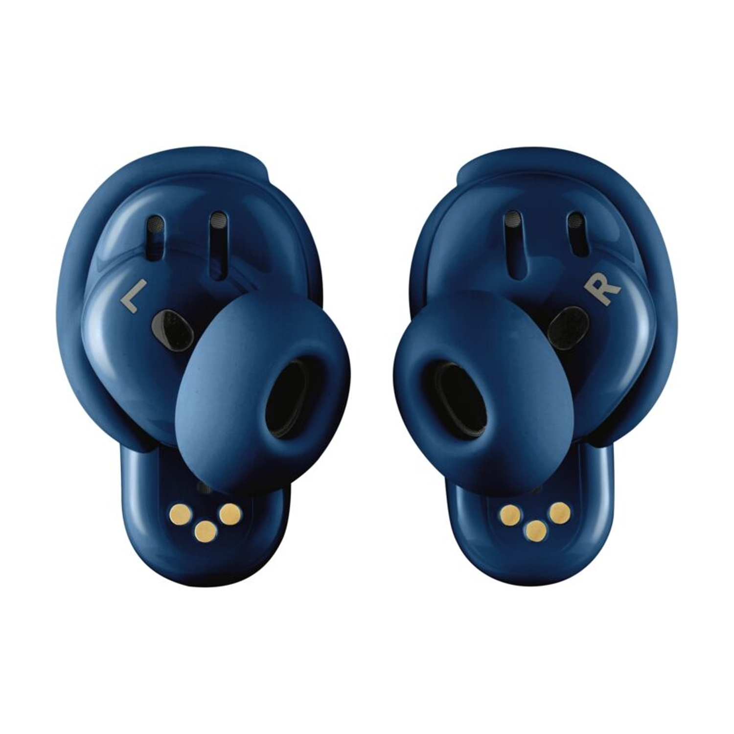Due auricolari blu con marcature 'L' e 'R'. Punti dorati e sfondo bianco.