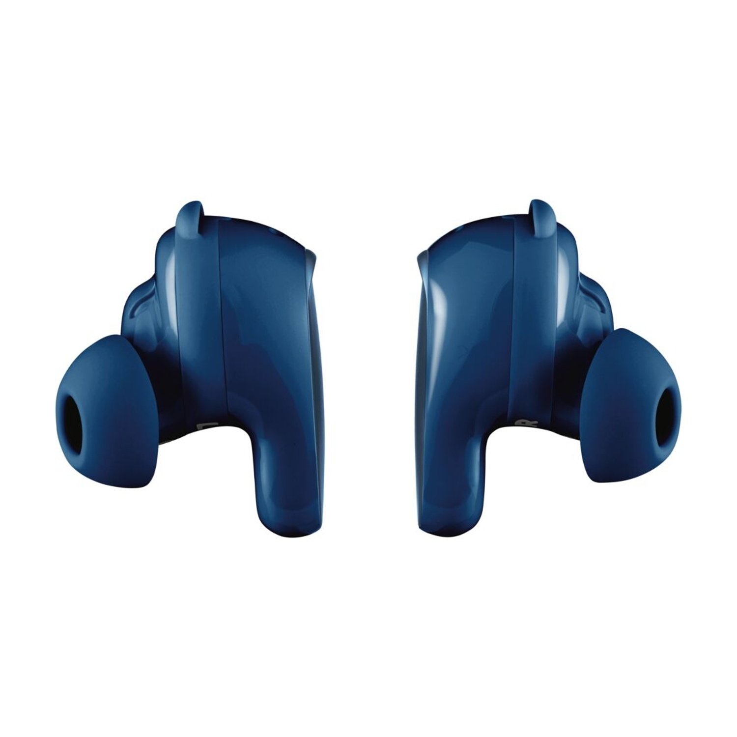 Due auricolari wireless blu. Sono rivolti in direzioni opposte, con i gommini rivolti verso l'esterno.