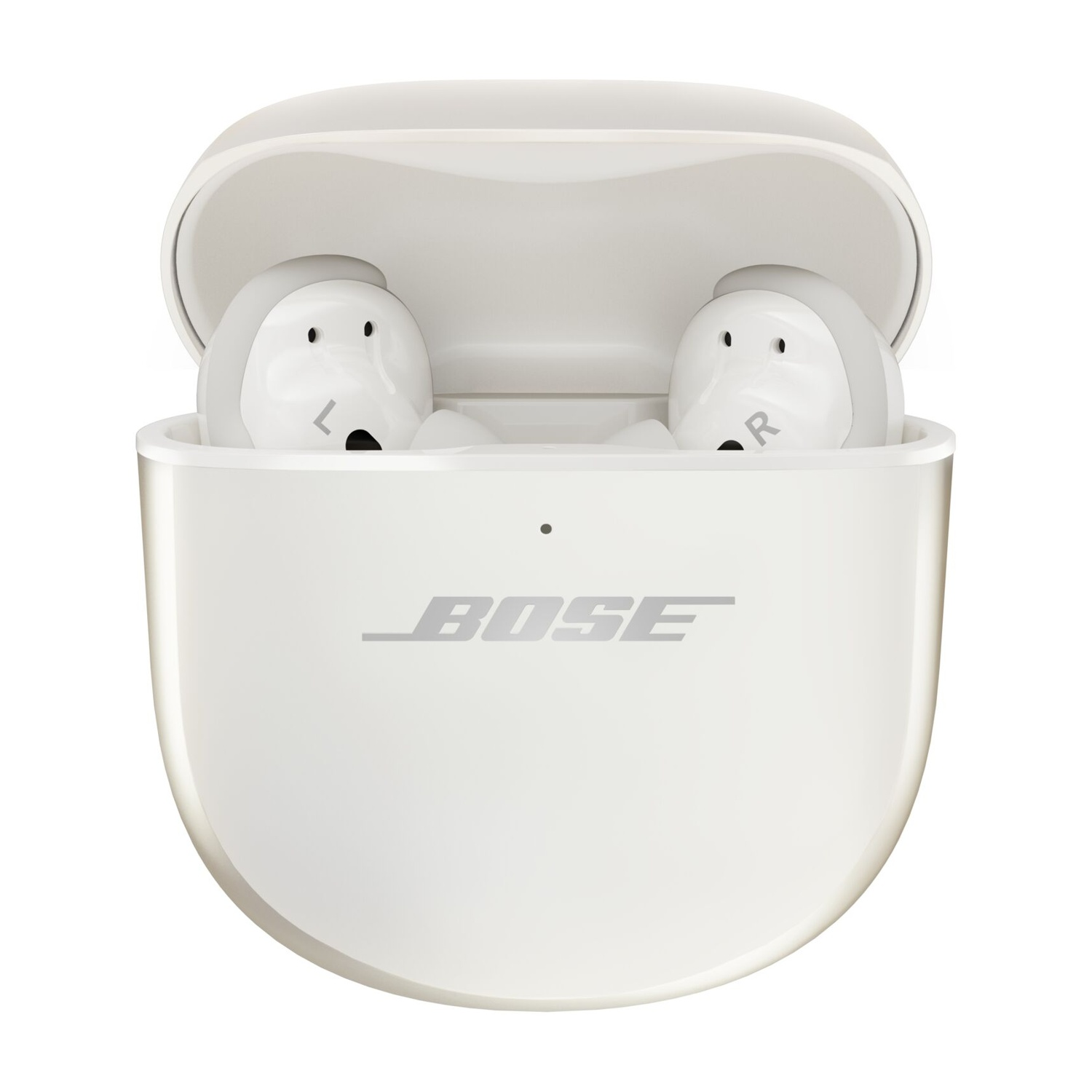 Custodia per auricolari bianca aperta, che rivela due auricolari bianchi all'interno, con il logo BOSE.