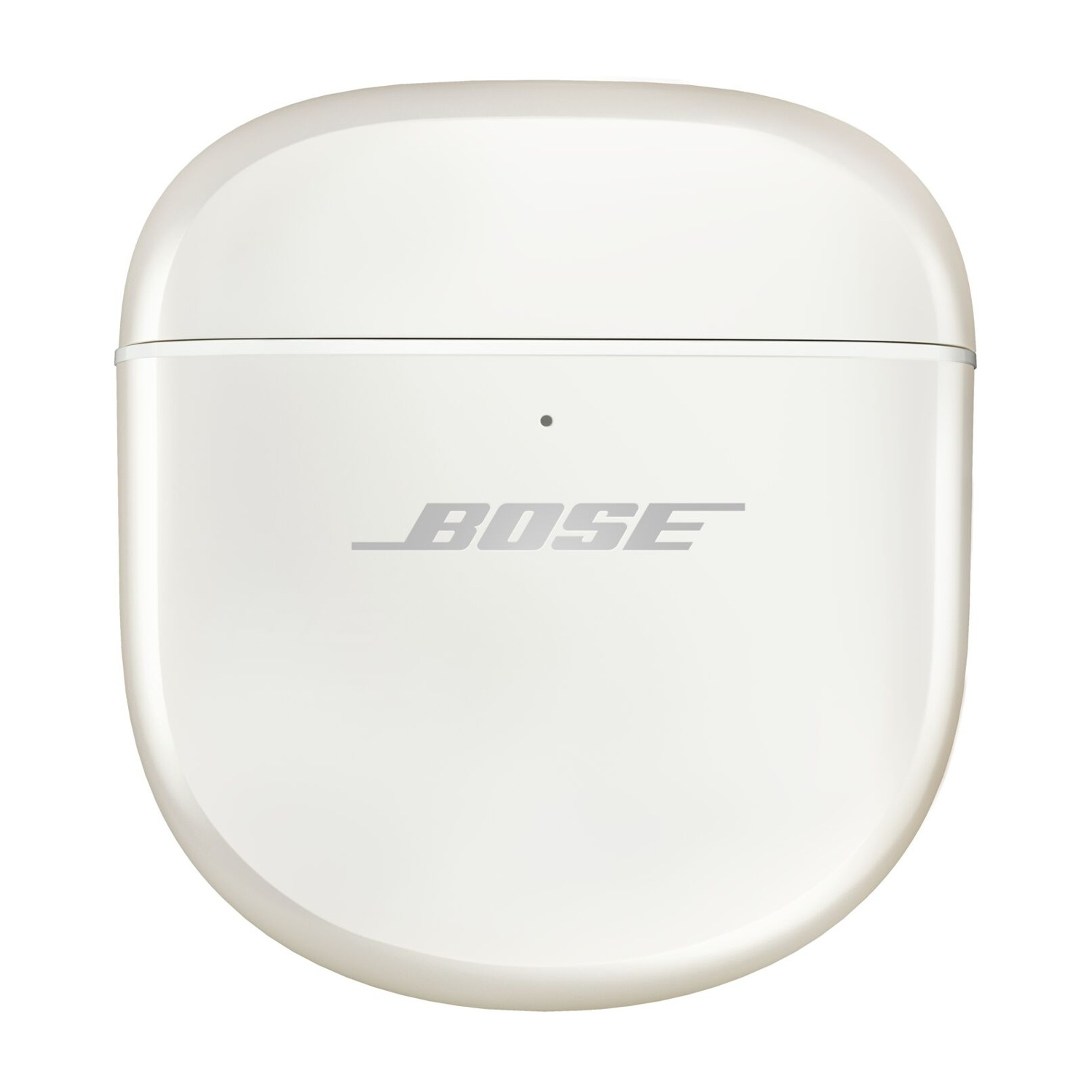 Custodia di ricarica per auricolari Bose bianca. Logo Bose sul davanti. Forma arrotondata.