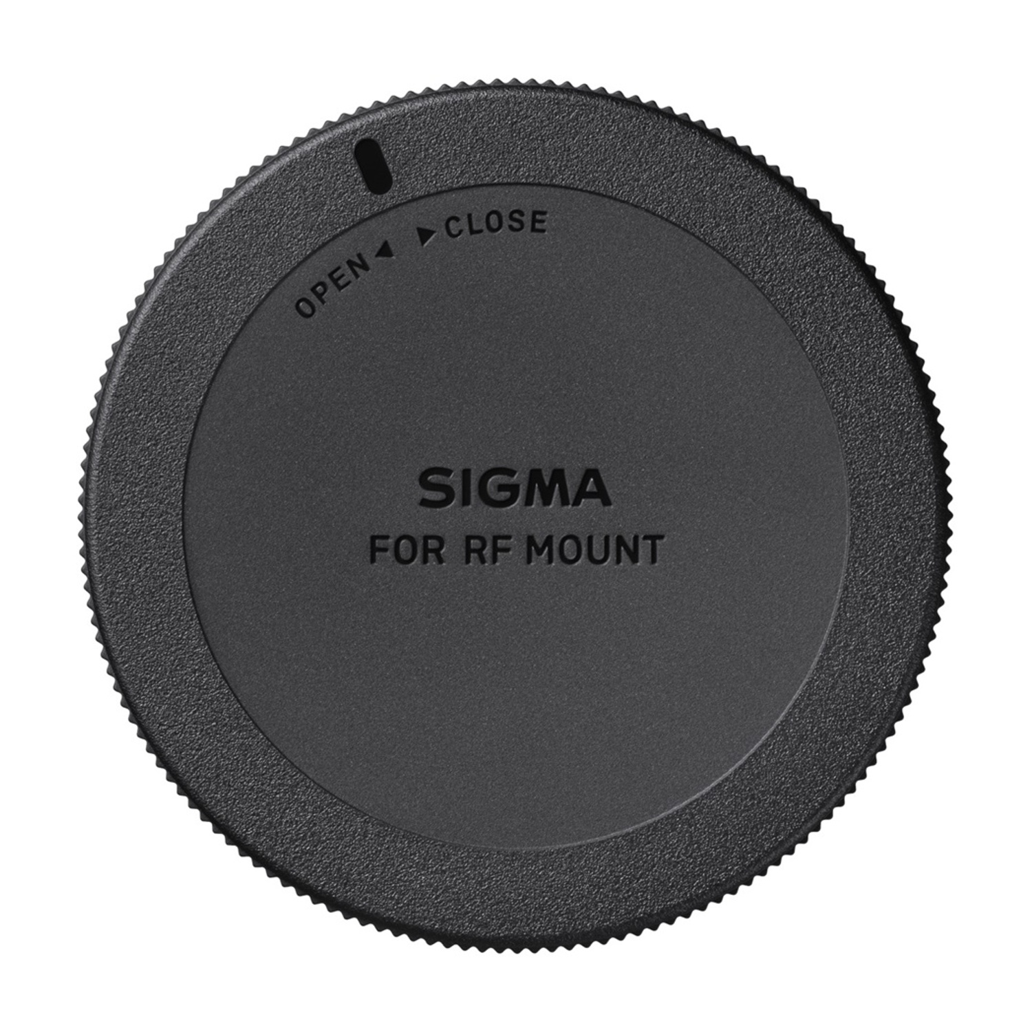 Tappo obiettivo Sigma nero per attacco RF, con frecce che indicano l'apertura e la chiusura, su sfondo bianco.