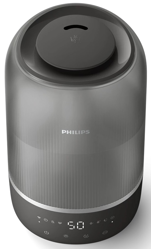 Szary nawilżacz z widokiem z góry i z dołu, z wyświetlaczem światła.