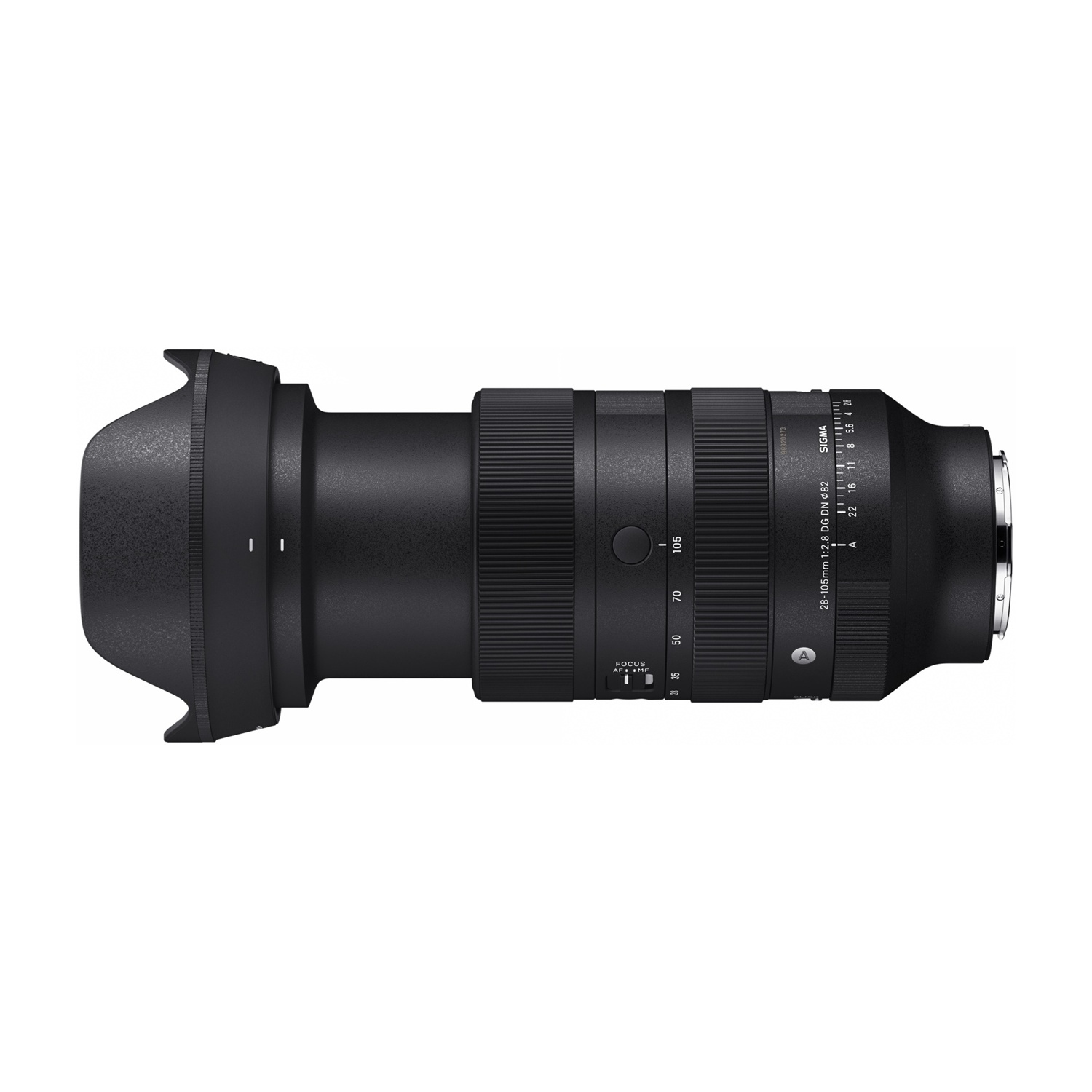Obiettivo fotocamera nero con paraluce, ghiere di messa a fuoco e zoom, scala bianca.