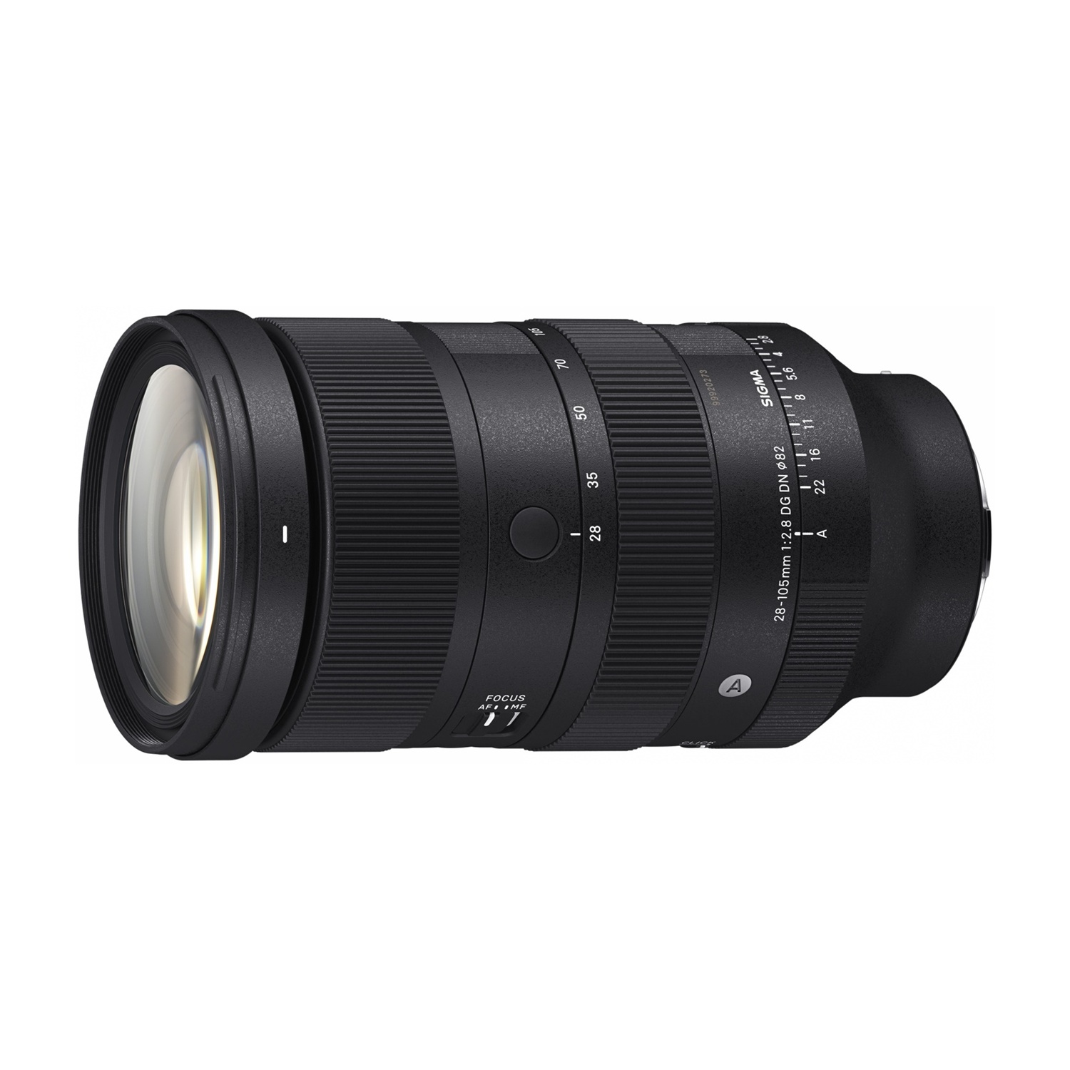 Obiettivo fotocamera nero con anello argentato. L'obiettivo ha indicatori di messa a fuoco e zoom.