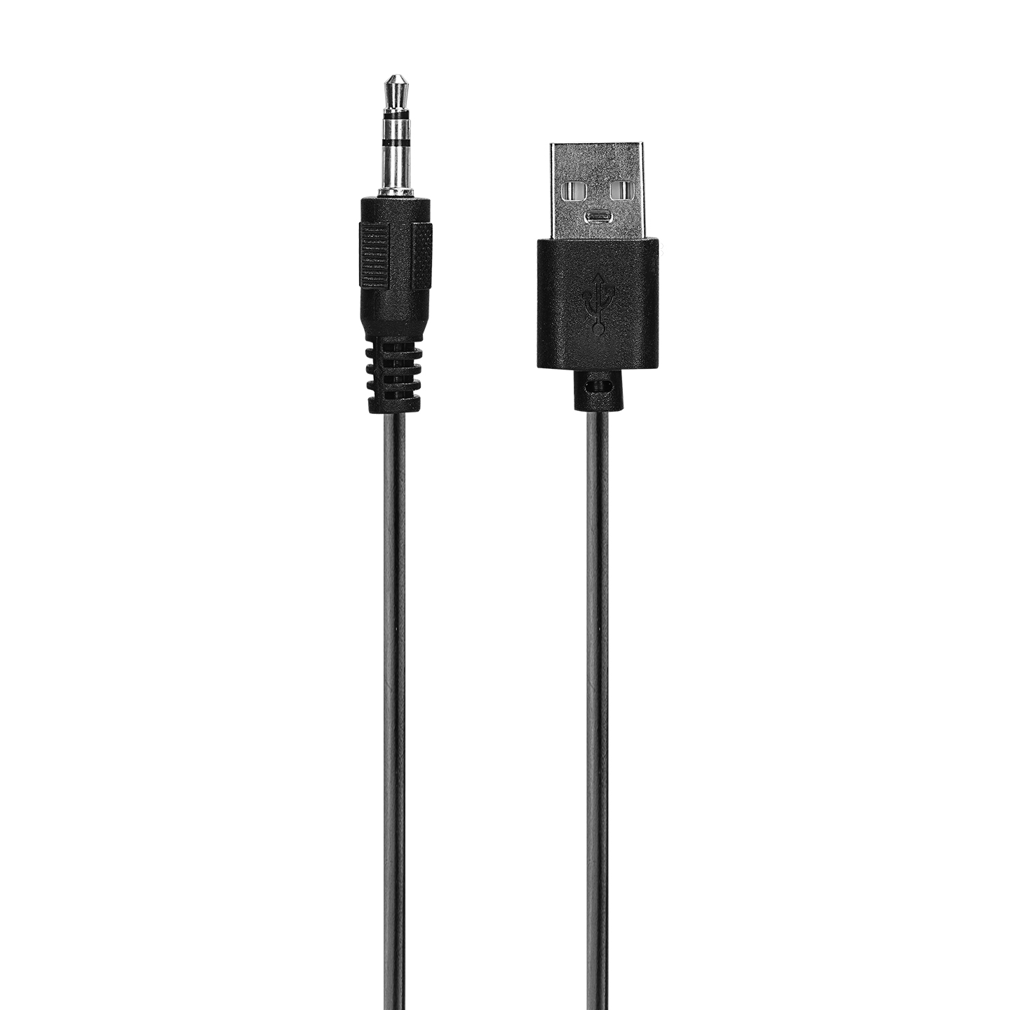 İki kablo. Birinde 3,5 mm jak, diğerinde USB-A konektörü var. Her ikisi de siyah.