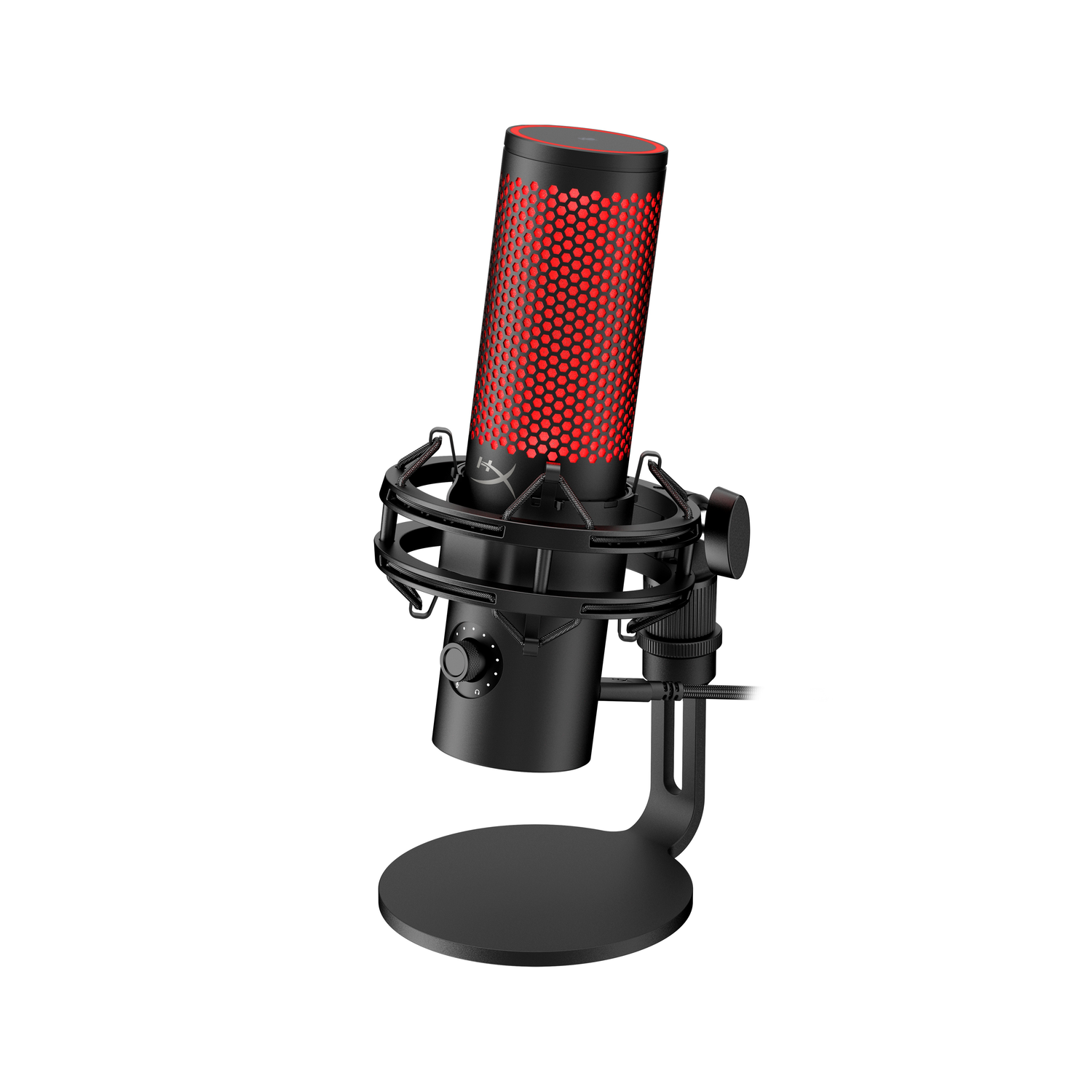 A black microphone on a stand with a red mesh top and a black base.