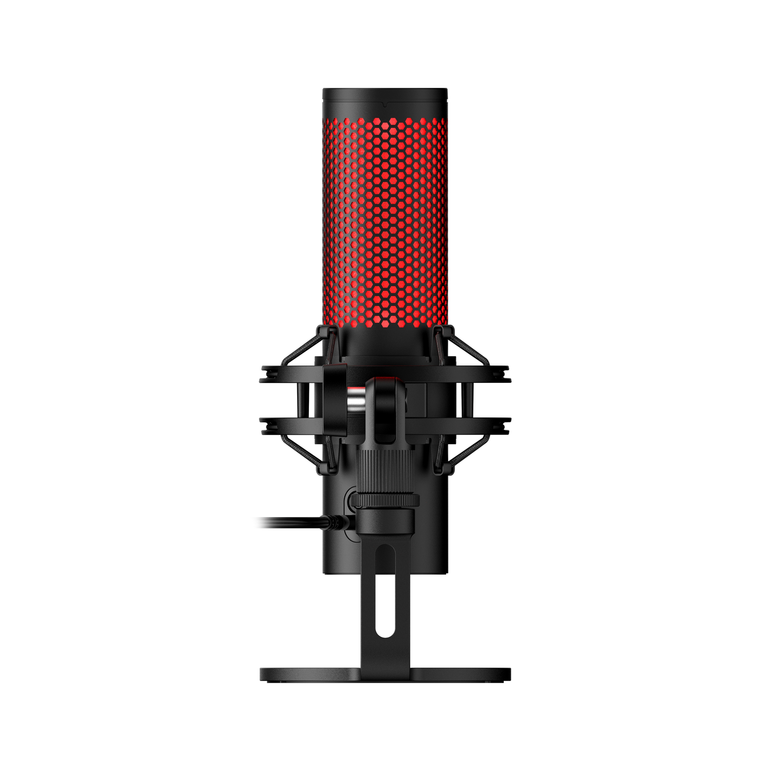 Black and red microphone on a stand. The body of the microphone has a red mesh.