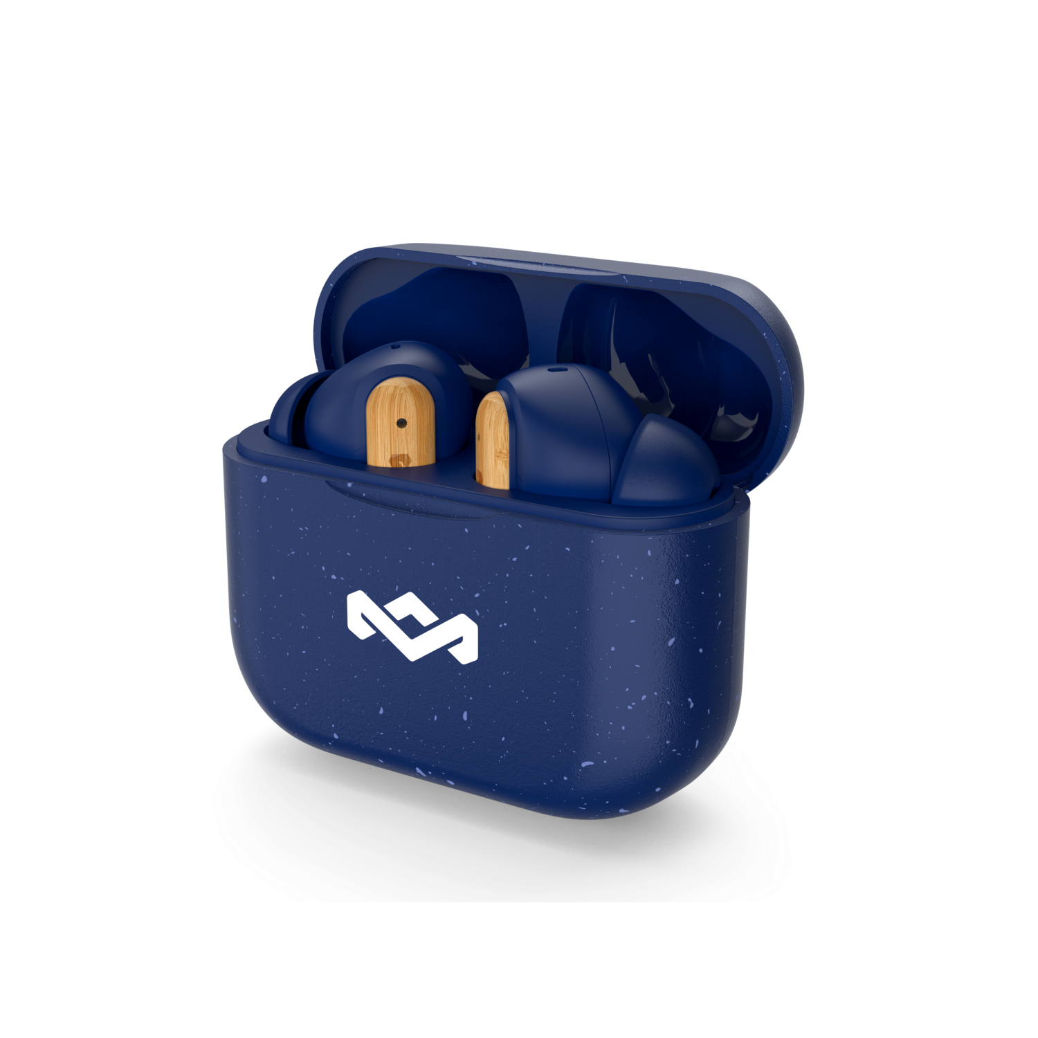 Blauwe draadloze oordopjes in een marineblauwe oplaadcase met wit logo.