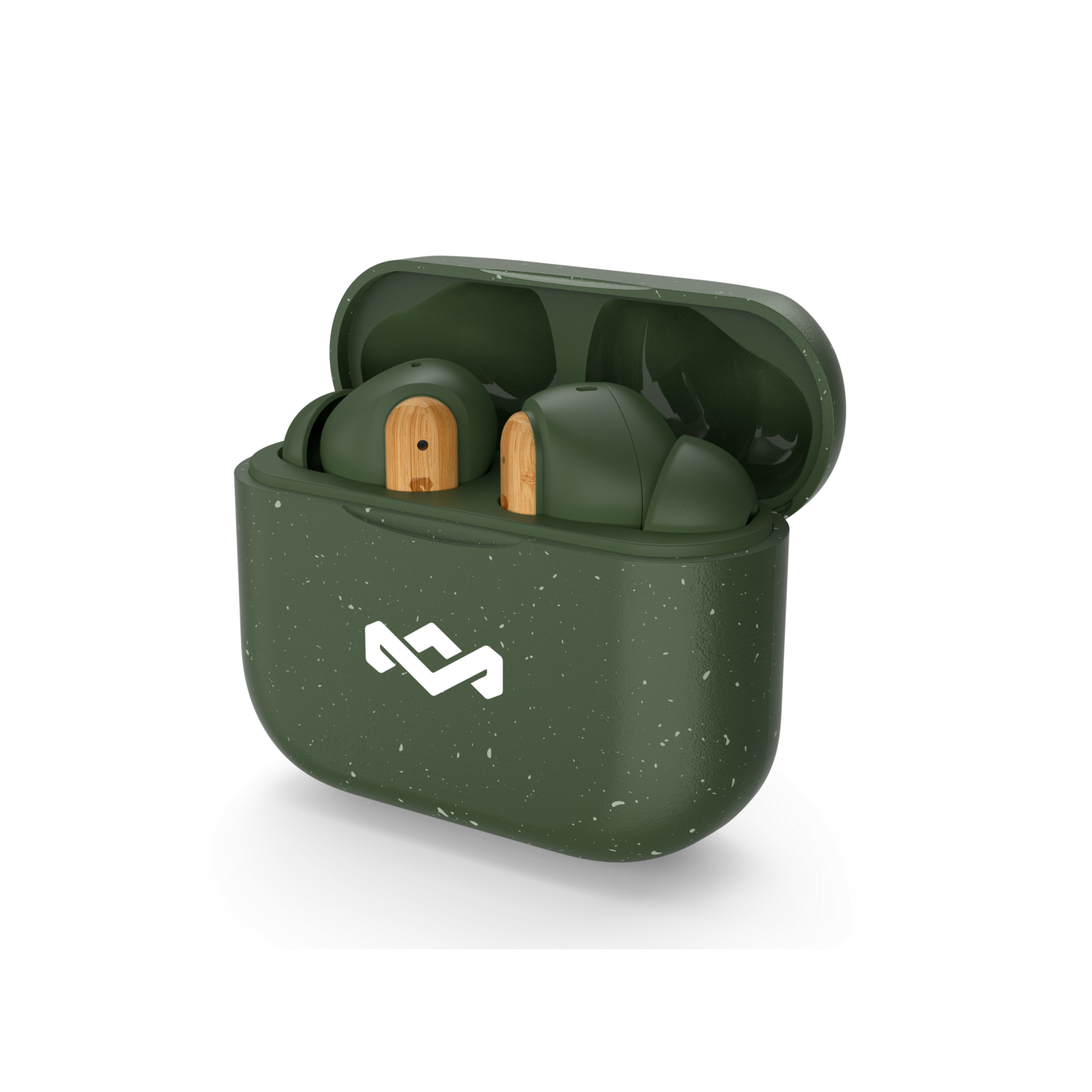 Groene oordopjes in een bijpassende case met wit logo.