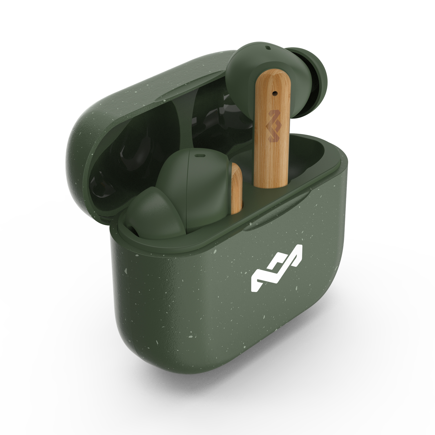 Oordopjes in een groene hoes. Eén oordopje zit erin, twee zijn eruit. Hoes en oordopjes zijn olijfgroen.