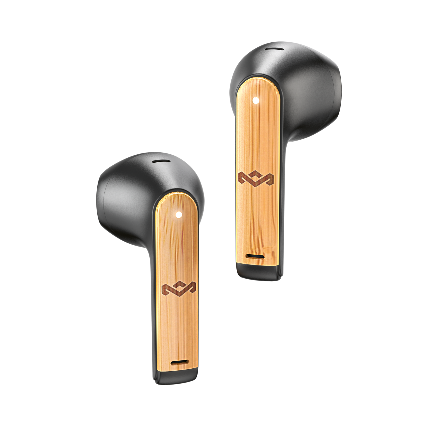 Black and wood-grain earbuds, with a logo on the wood part.