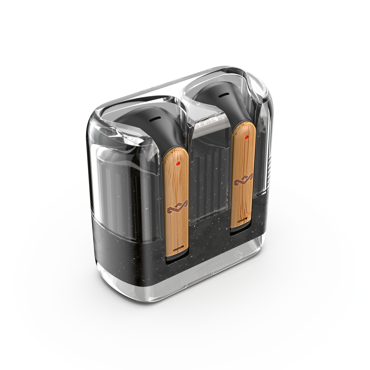 Wireless earbuds in a charging case. The case is clear, with black detailing and wood accents.