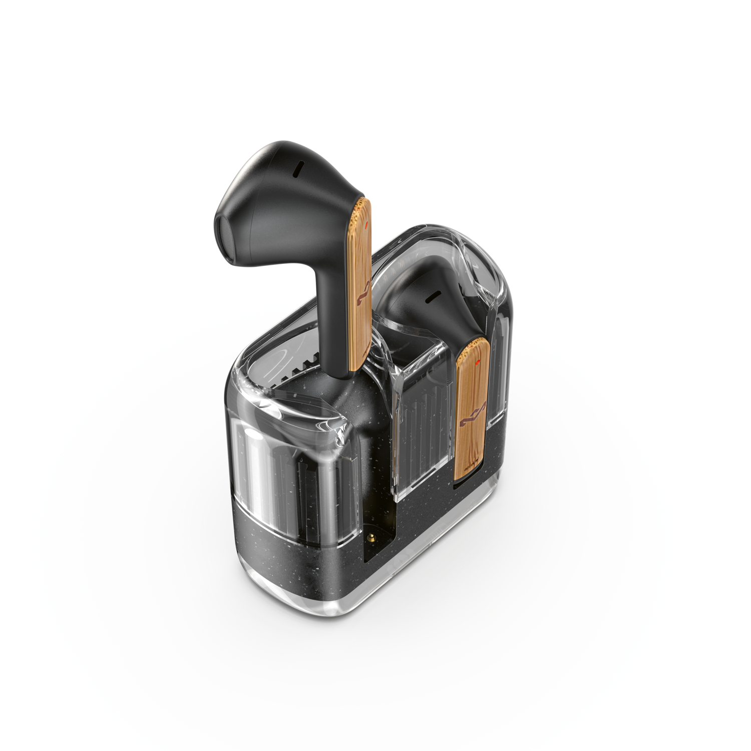 Earbuds in a transparent charging case. Black earbuds with gold details.