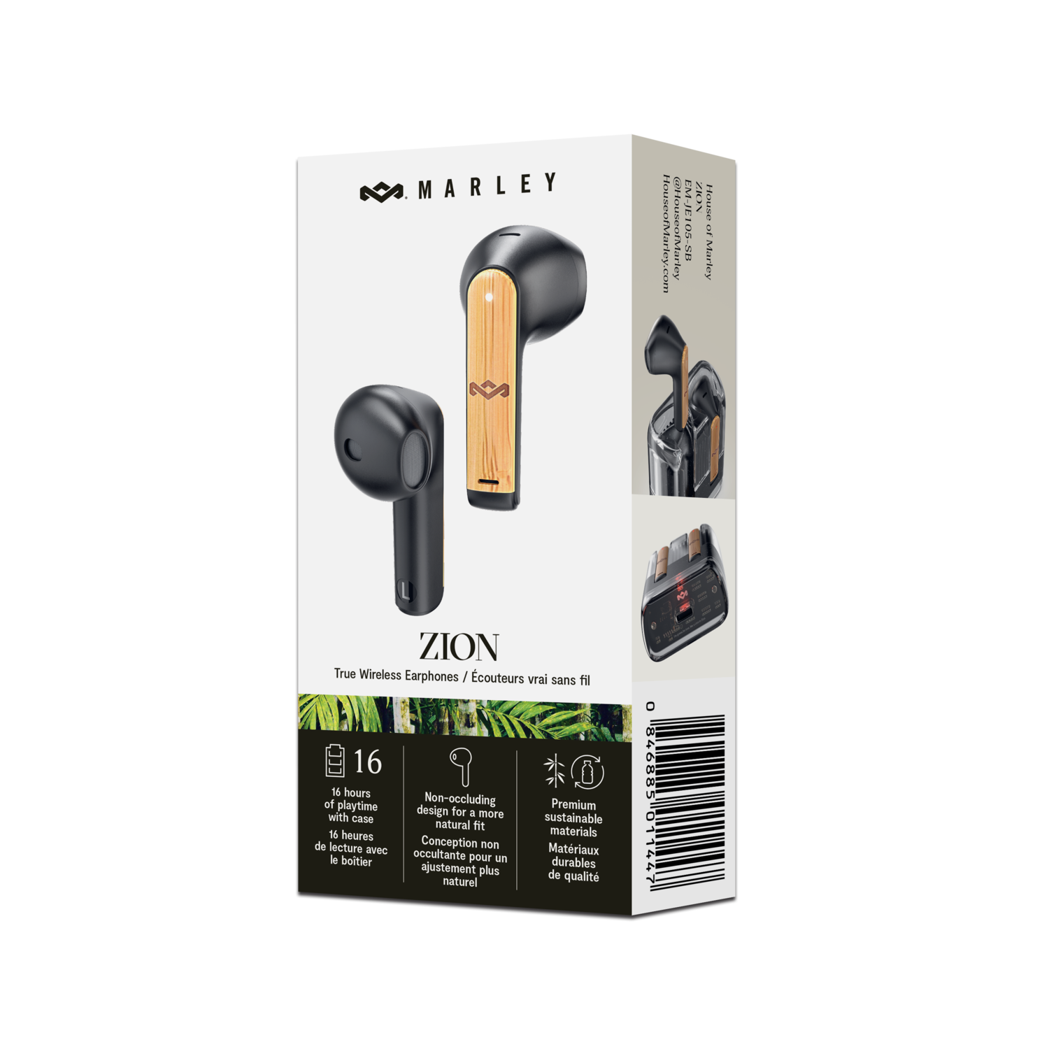 Marley ZION true wireless earbuds box. Earbuds and case shown with wood grain details.