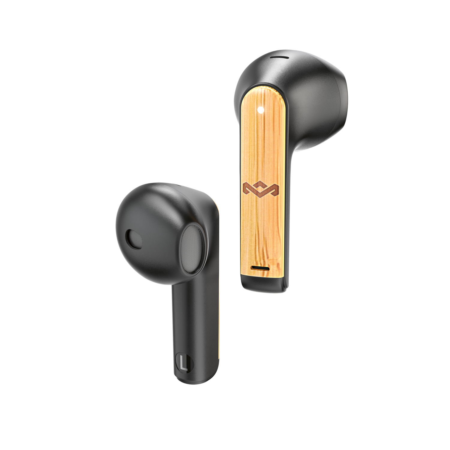 Two black wireless earbuds with wood accents and a black background.