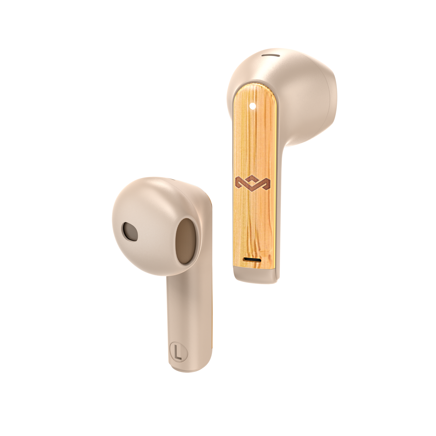 Twee beige draadloze oordopjes met houten accenten, op een zwarte achtergrond.