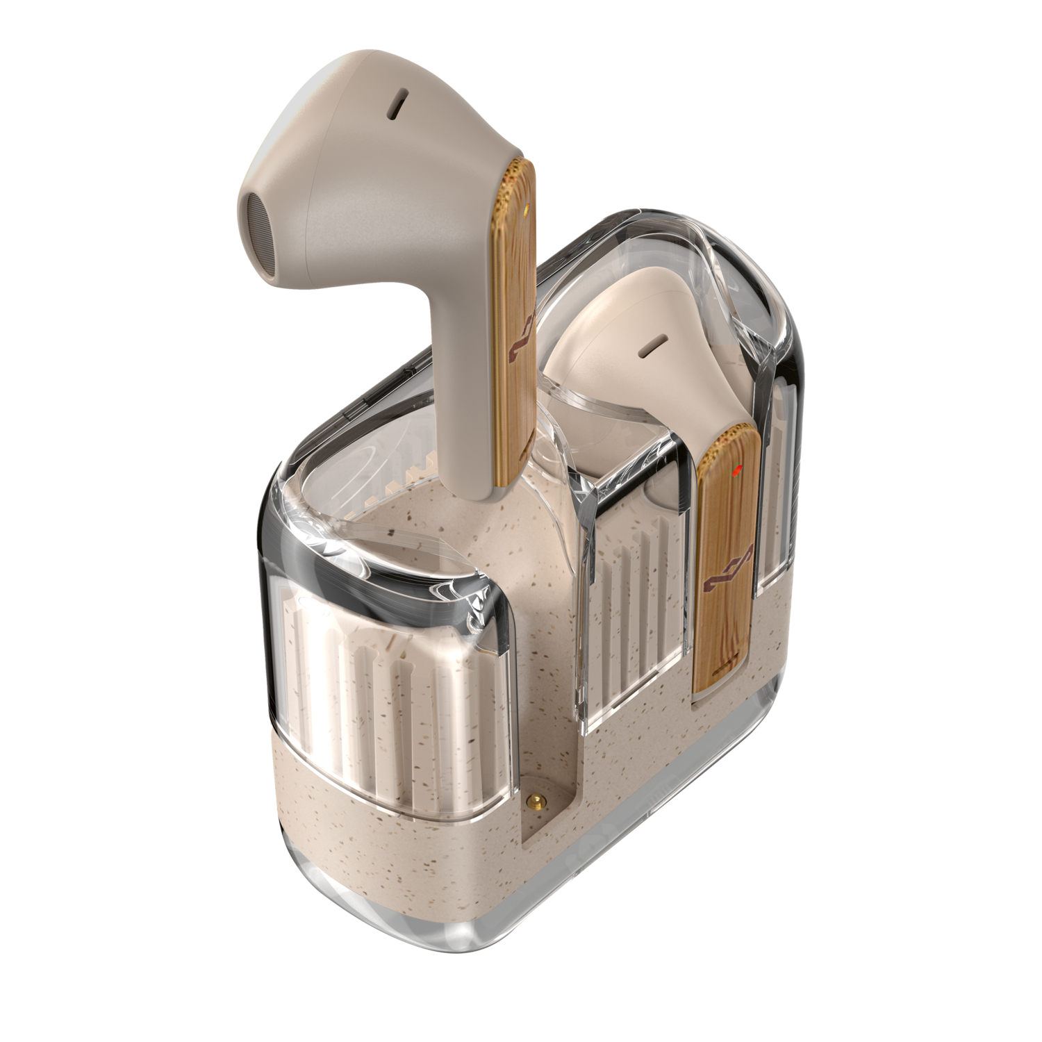Oordopjes in een oplaadcase, beige kleur met transparante en houten accenten.